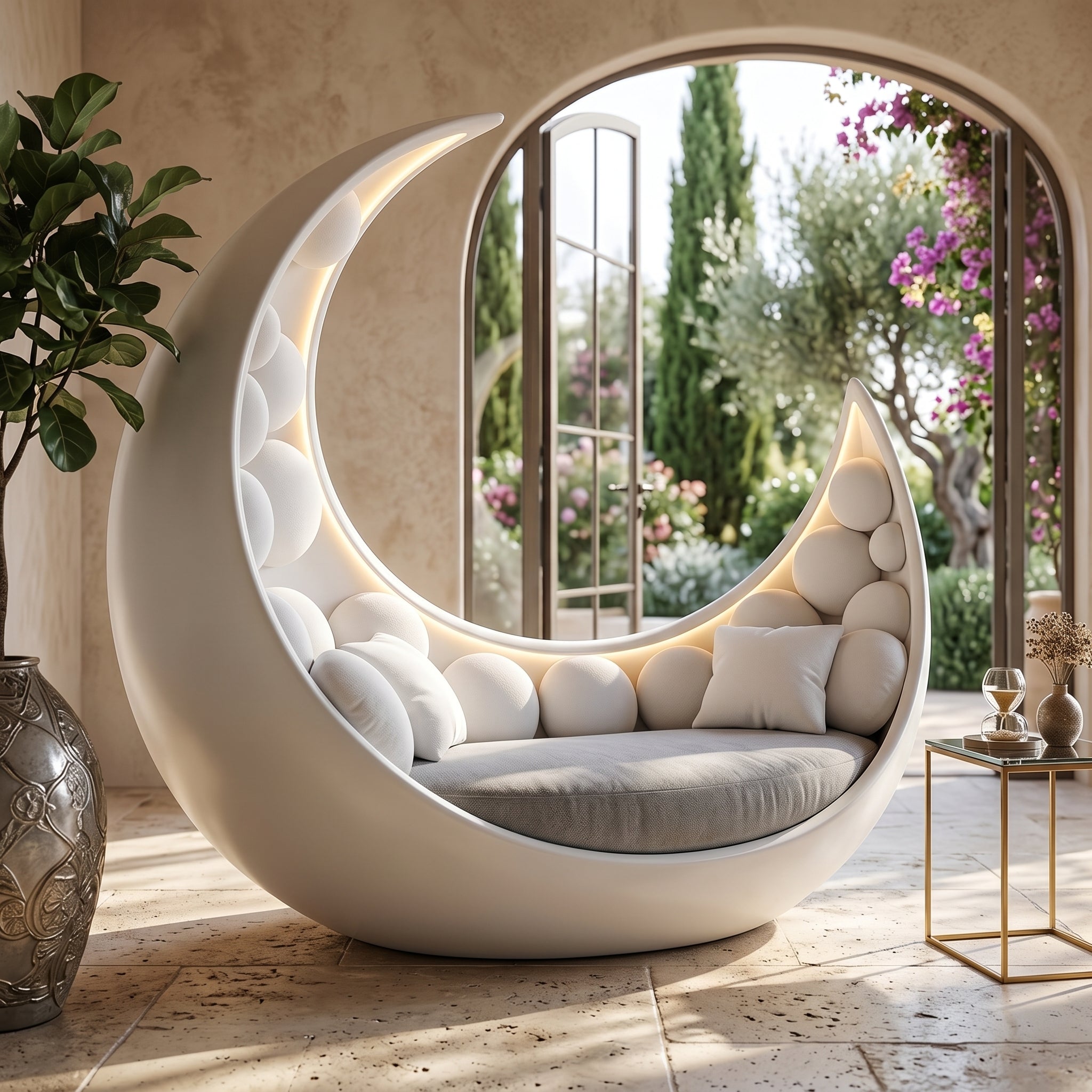 A person relaxing comfortably in the Moon Cradle sculptural sofa