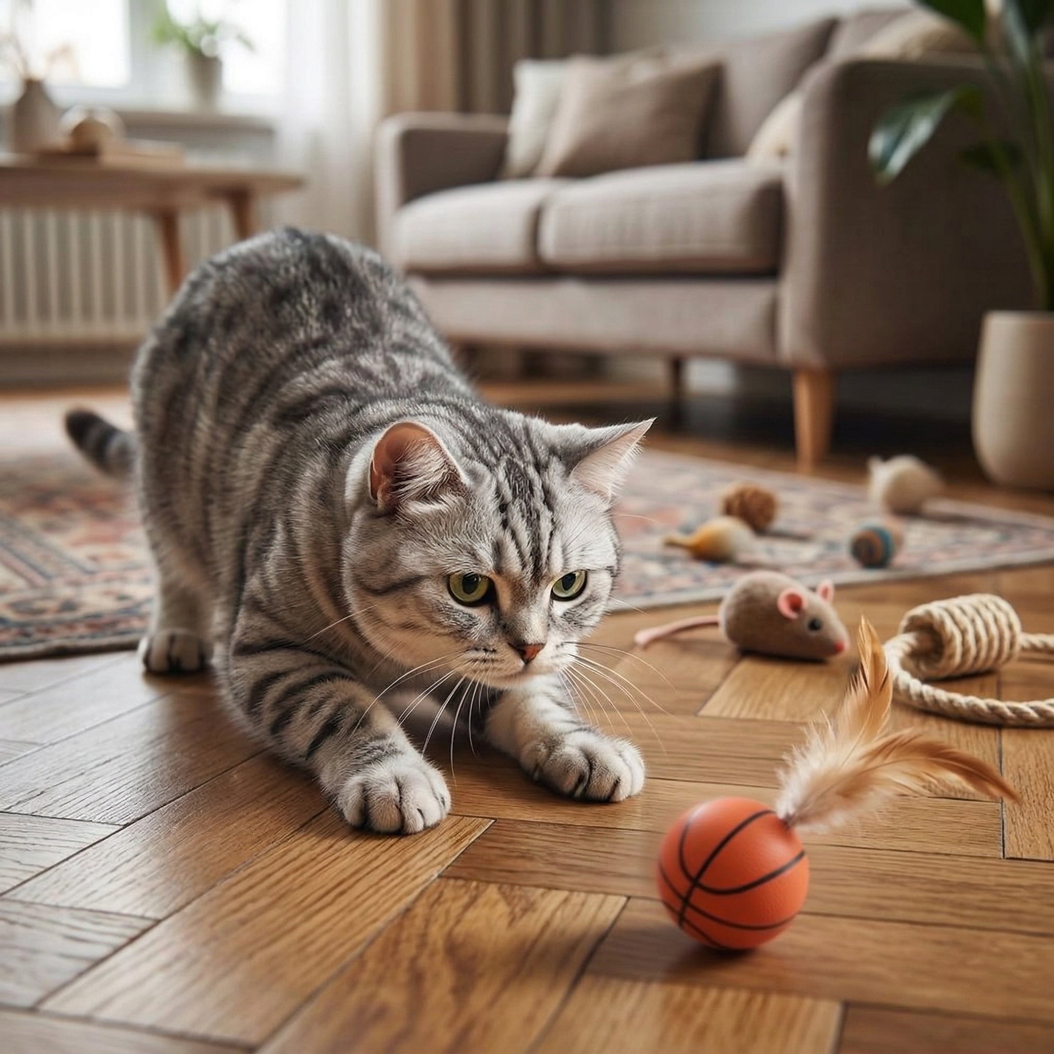A cat batting at the interactive feather ball toy on a wooden floor