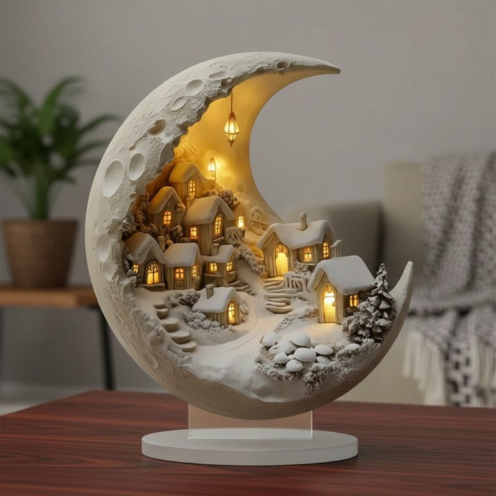 Moon Winter City Decor glowing on a bookshelf