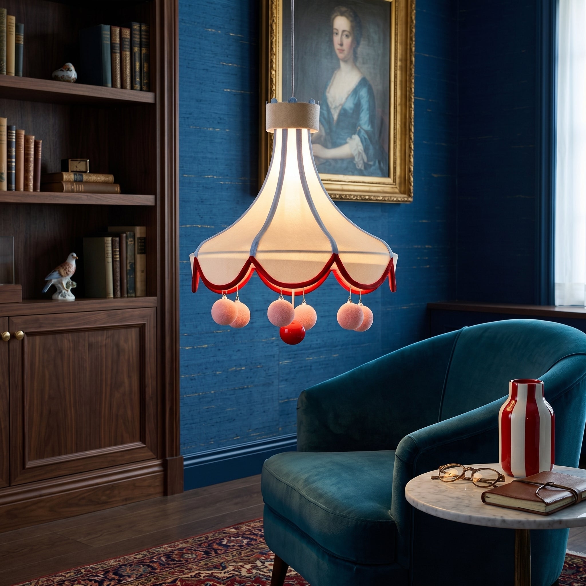 Whimsical Tent Canopy Pom-Pom Pendant Ceiling Lamp hanging in a cozy room