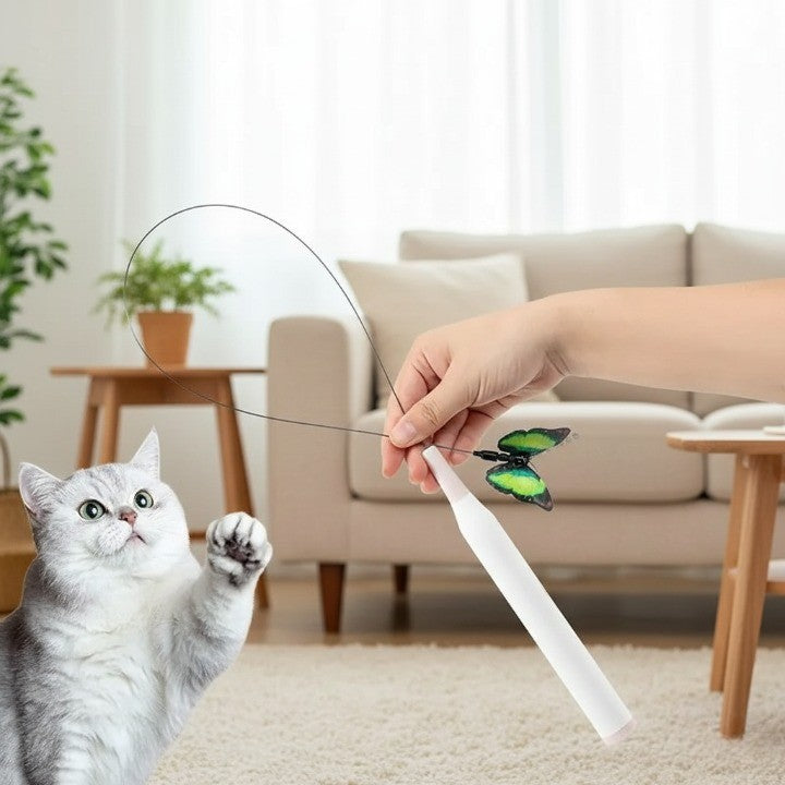 Close-up of the durable rotating butterfly cat toy