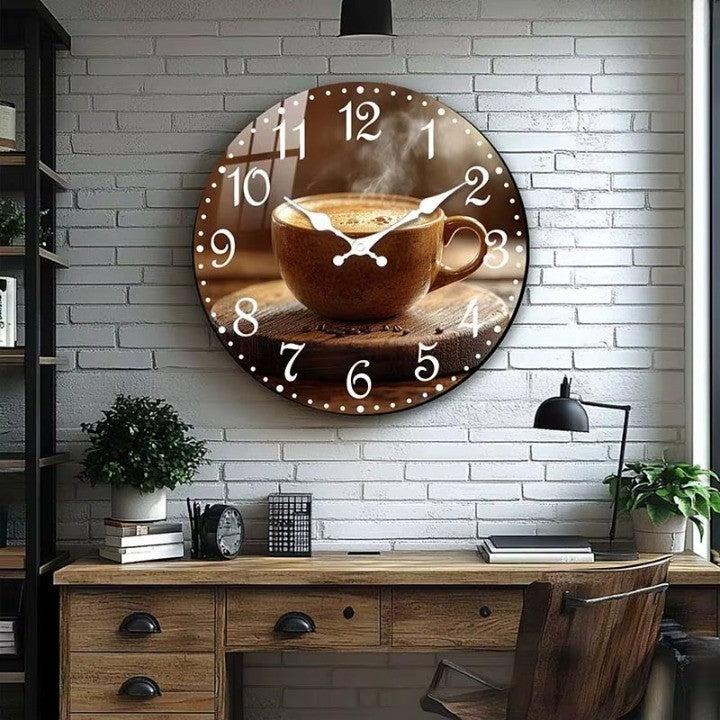Cafe Inspired Coffee Wall Clock hanging in a modern kitchen setting