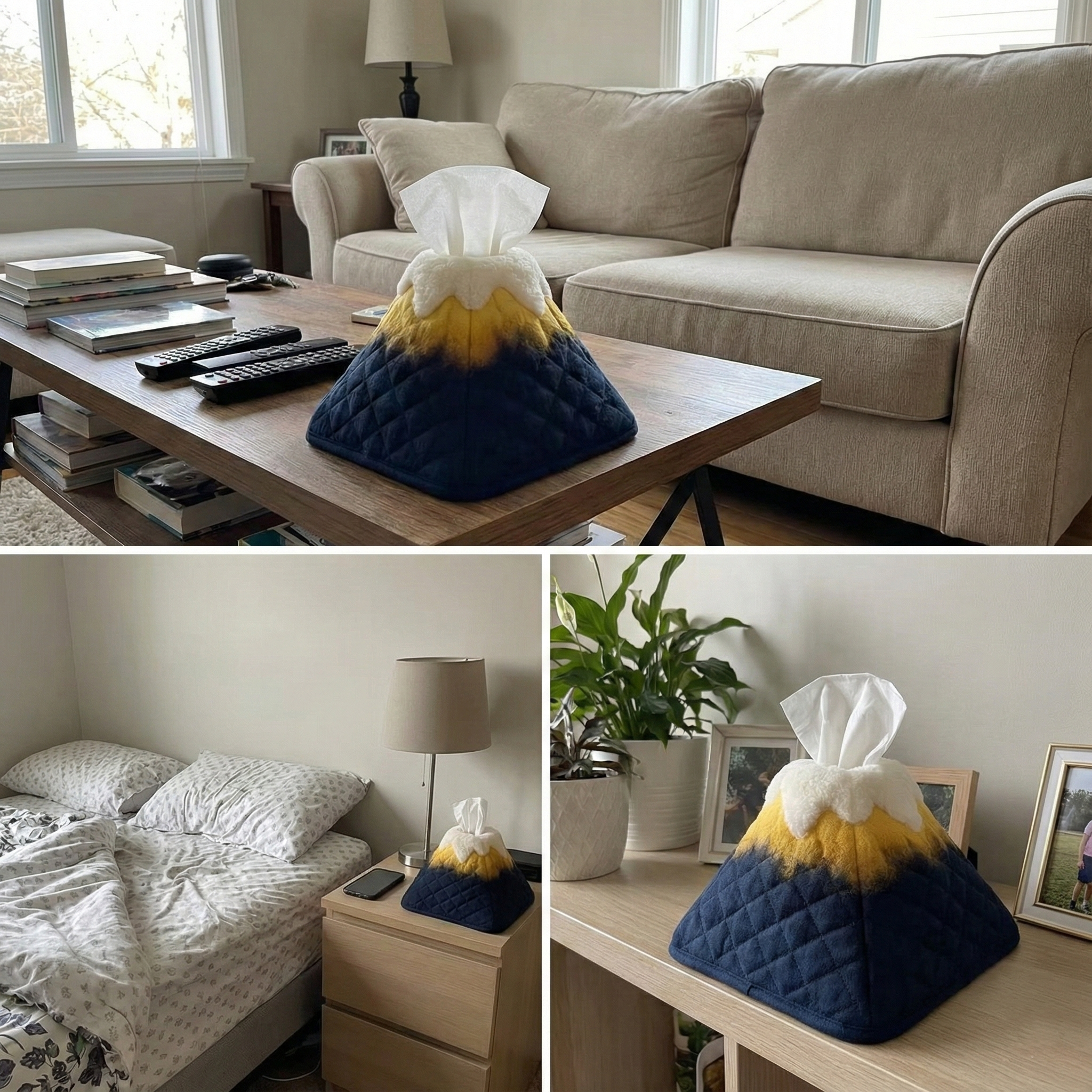 Artistic mountain-shaped tissue box in a cozy home setting