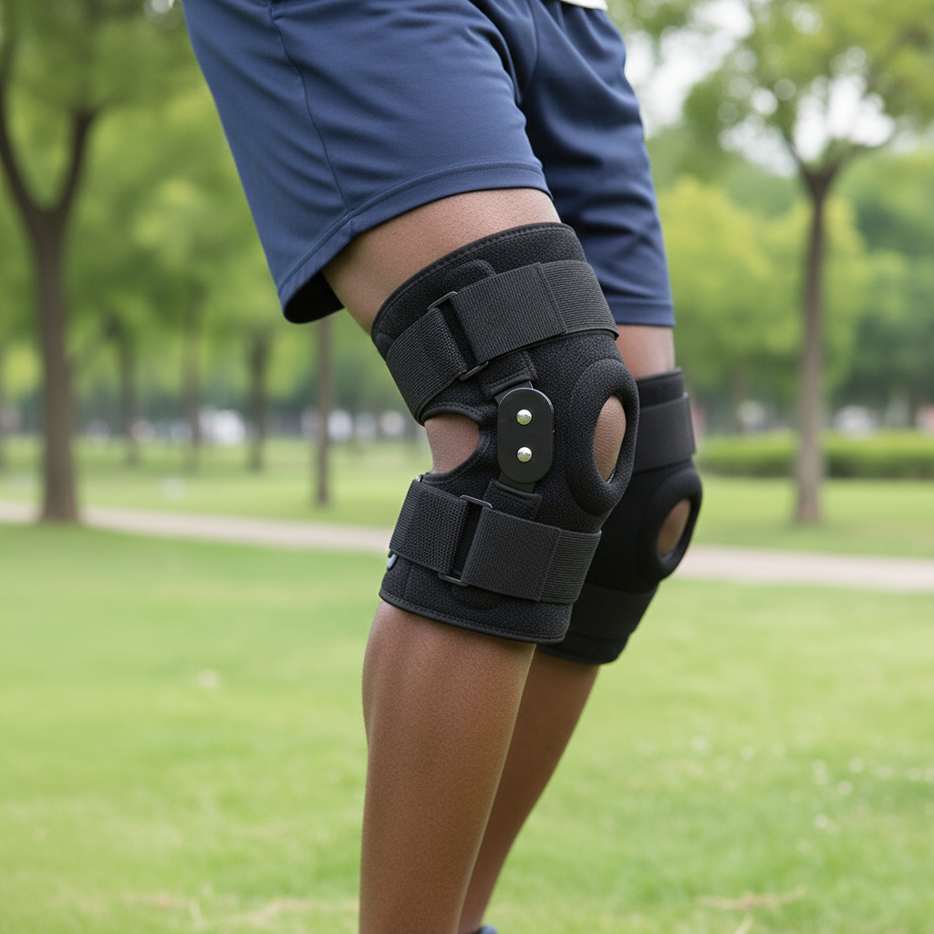 Diagram showing the open patella design and stabilizing side supports of the knee brace