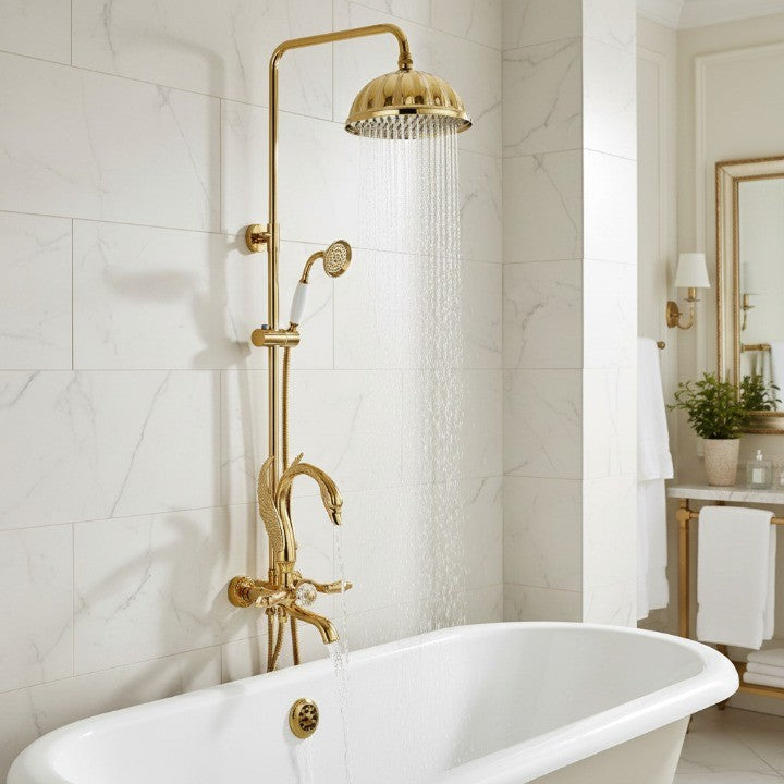 Full view of the wall-mounted swan shower system