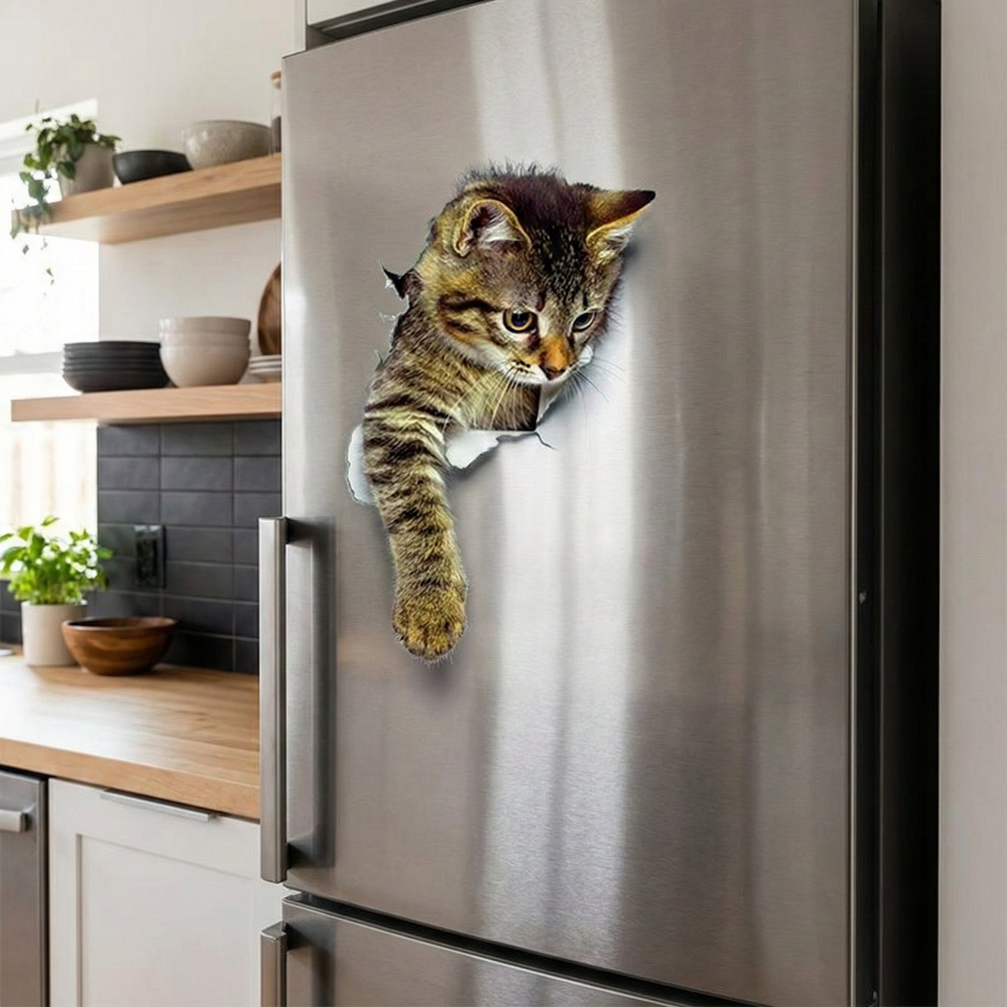 A curious 3D cat sticker peeking from a white toilet lid