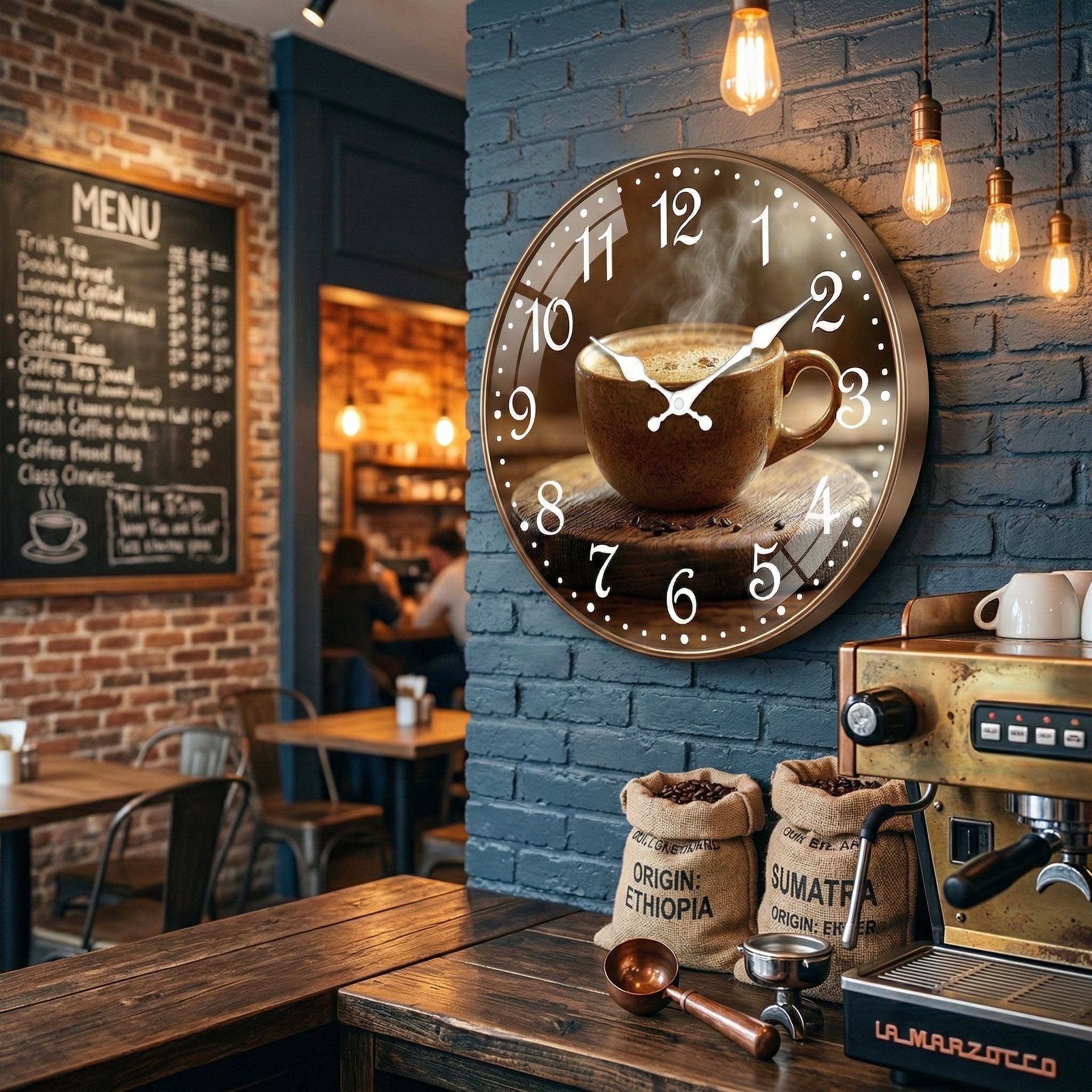 Cafe Inspired Coffee Wall Clock as a stylish home decor piece in a living room
