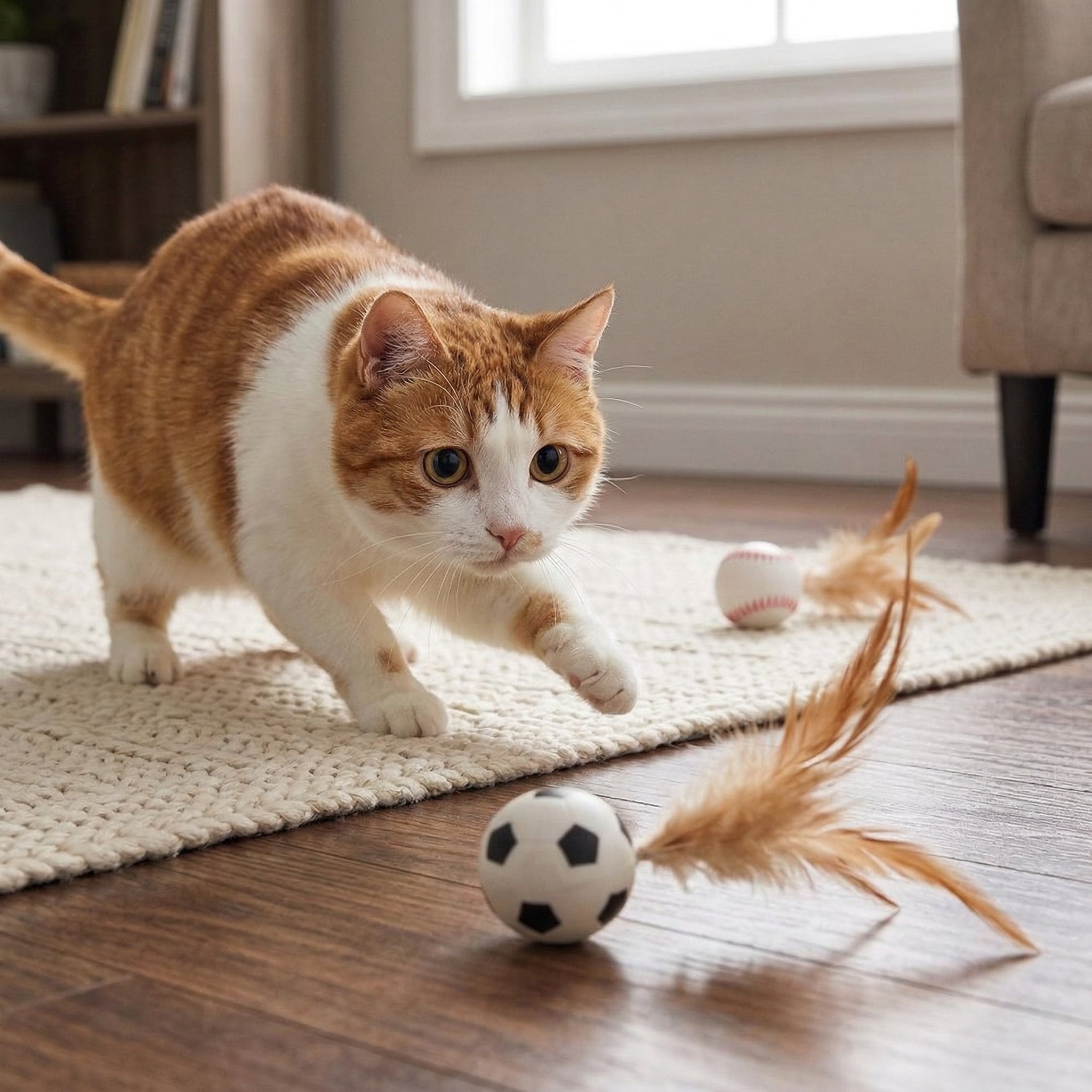 Close up of a cat playing with the Feather Ball Cat Teaser Interactive Toy