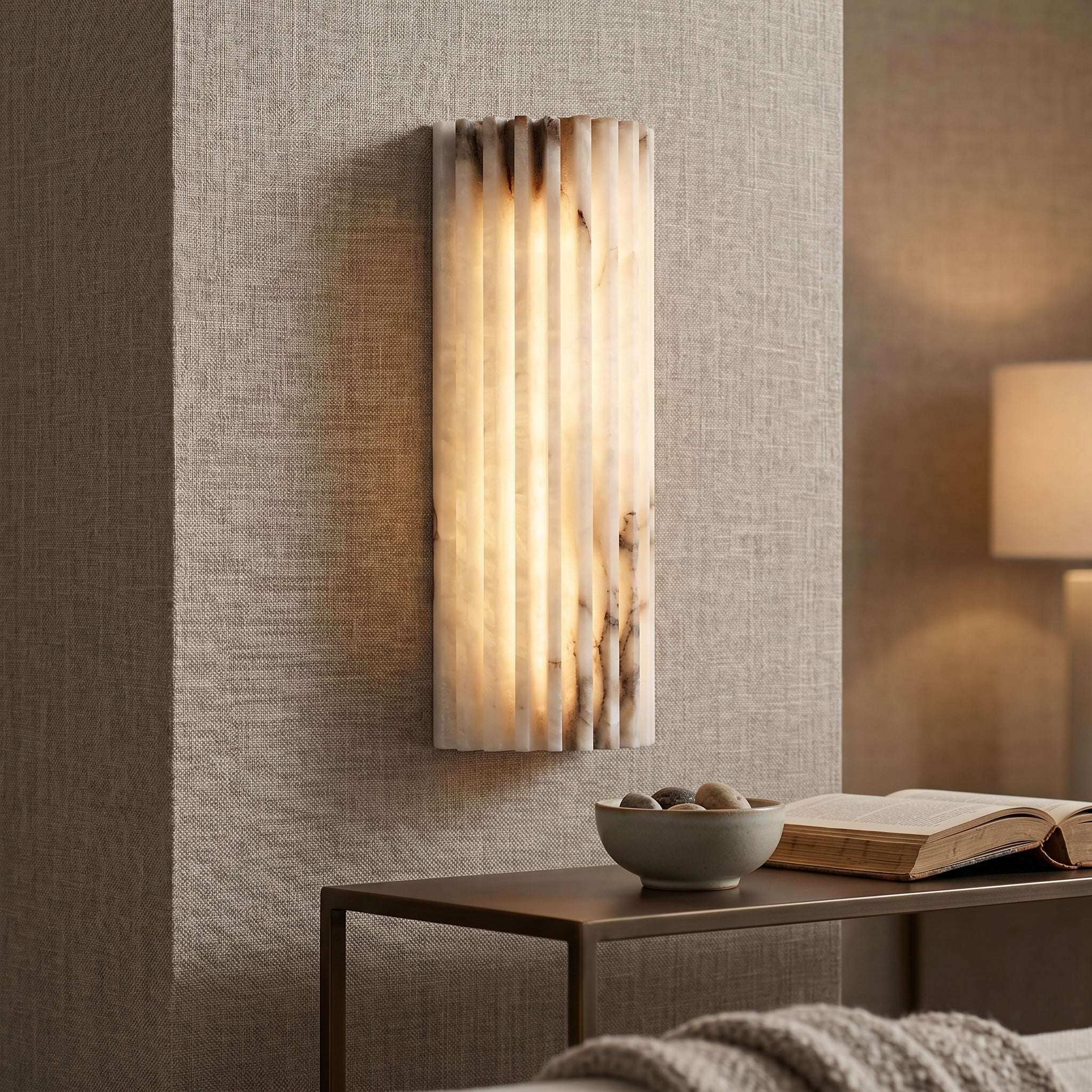 Modern hallway accented with the ambient marble wall light