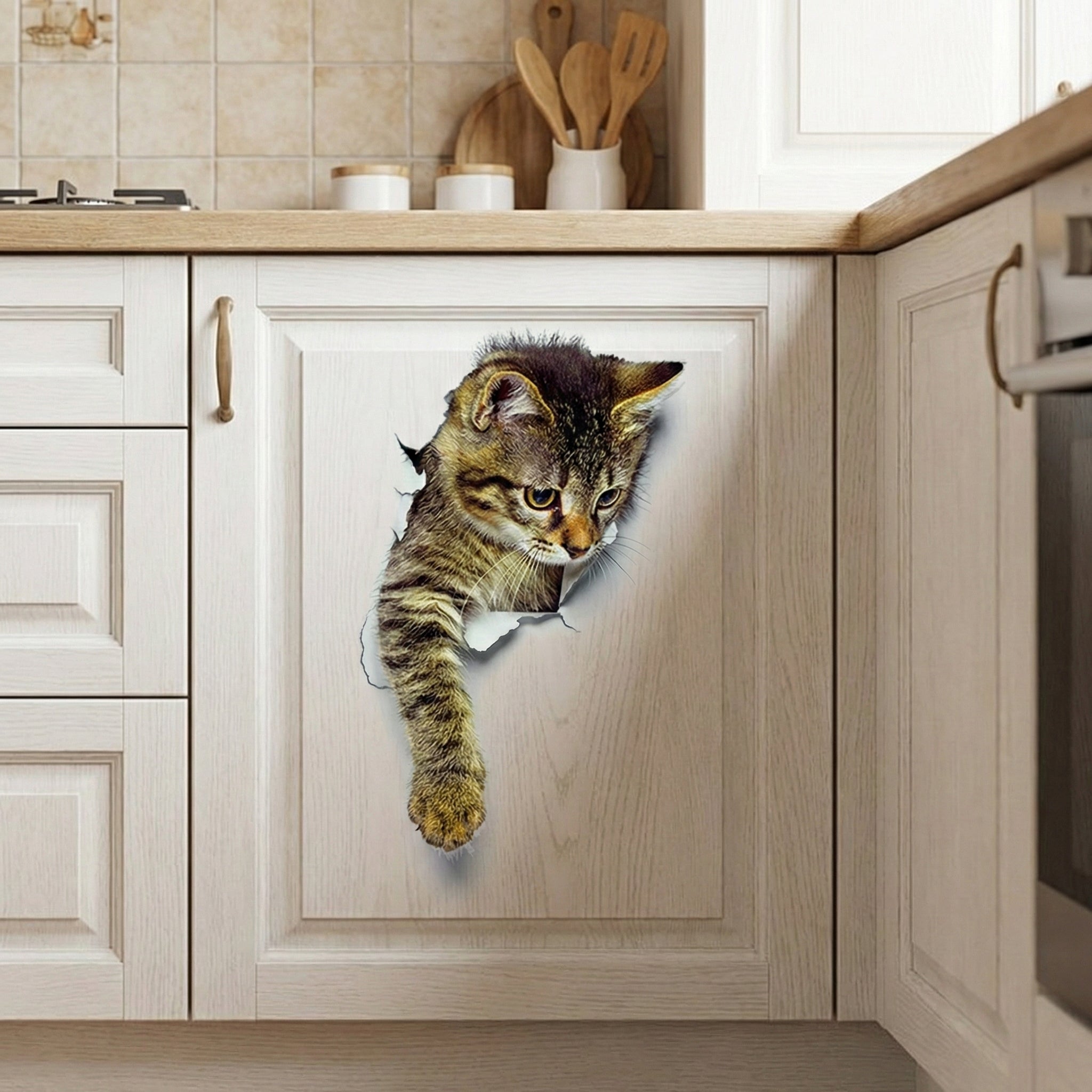 The cat sticker applied to a toilet, adding a humorous touch to the bathroom