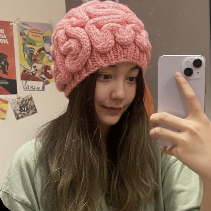 Close-up of the Too Much IQ Knitted Brain Beanie's 3D texture