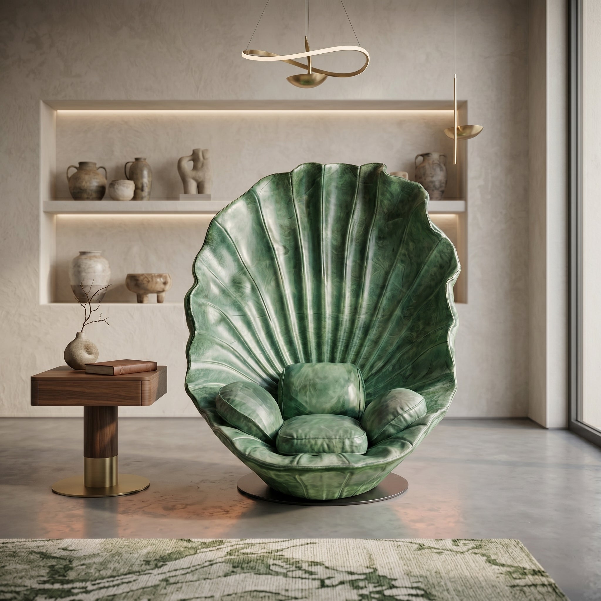 Elegant velvet shell chair in a stylish bedroom corner