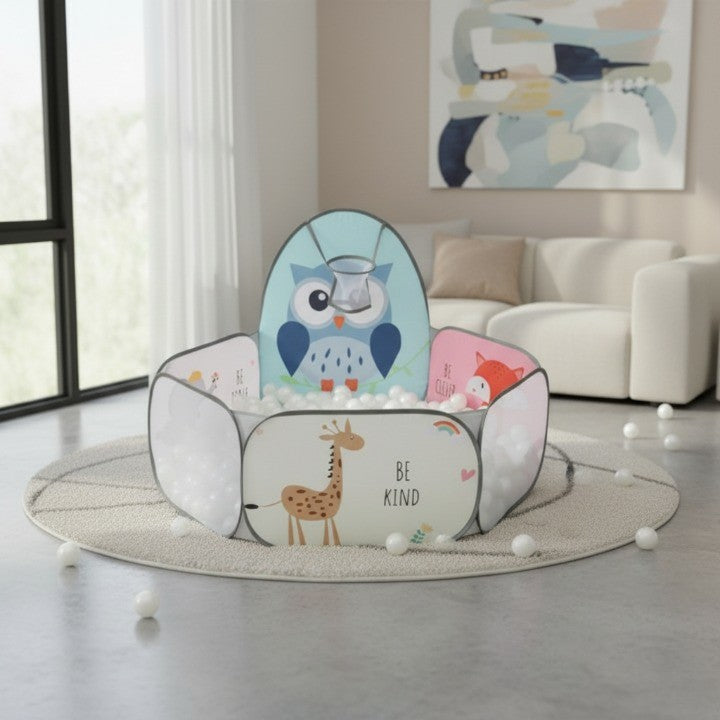 The portable play pool folded neatly for easy storage