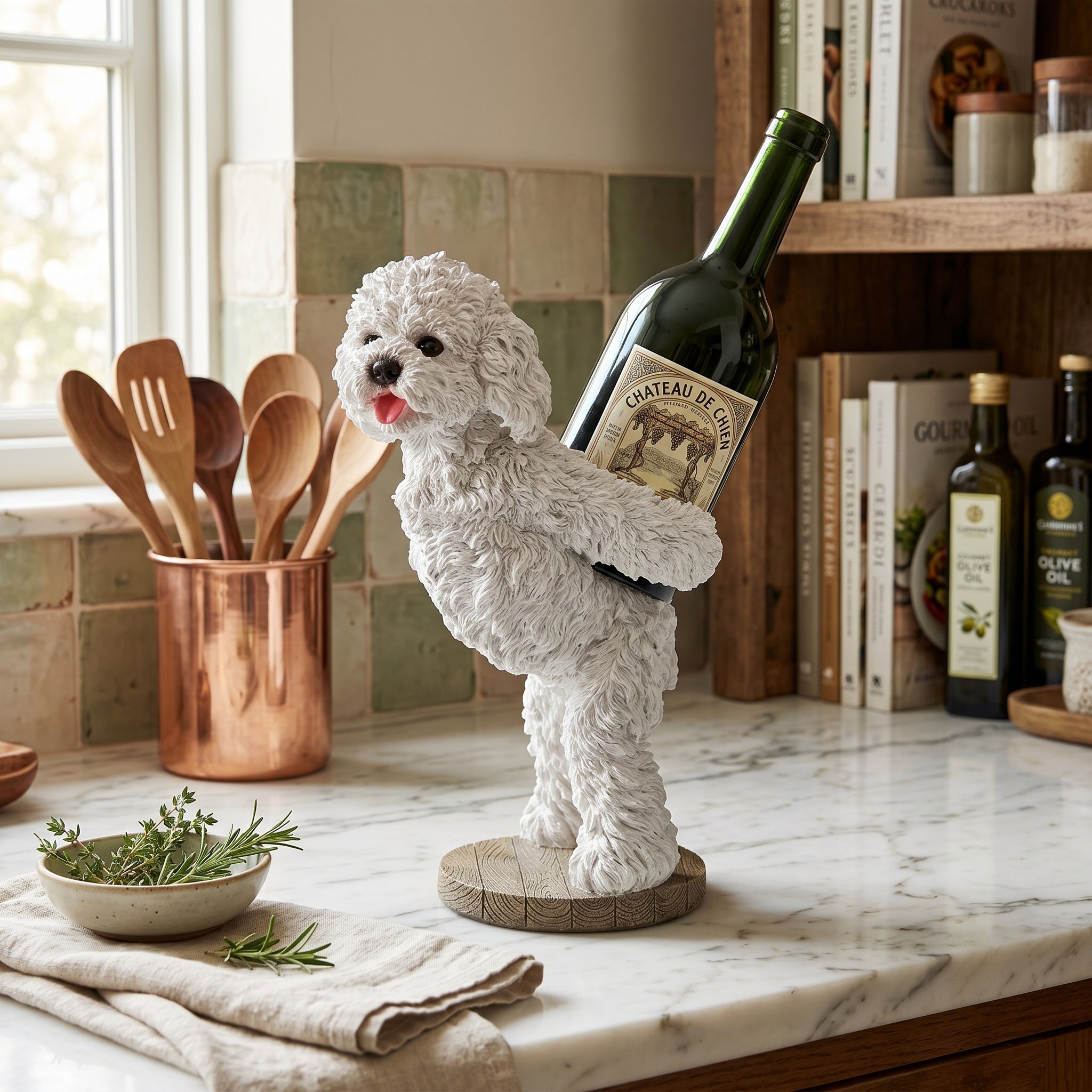 Party Puppy Wine Bottle Holder on a kitchen counter as a unique decor piece.