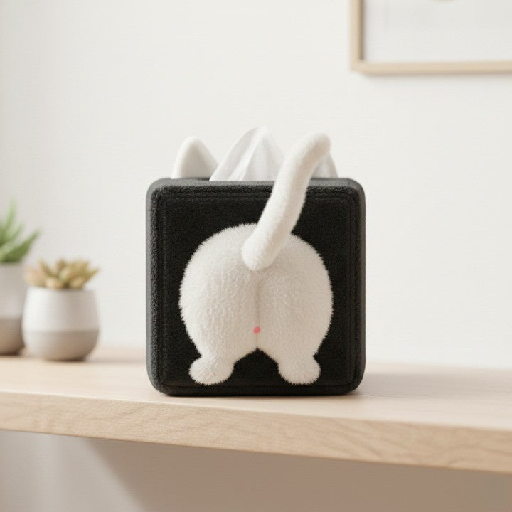 A hand pulling a tissue from the center of the plush cat-themed tissue box.