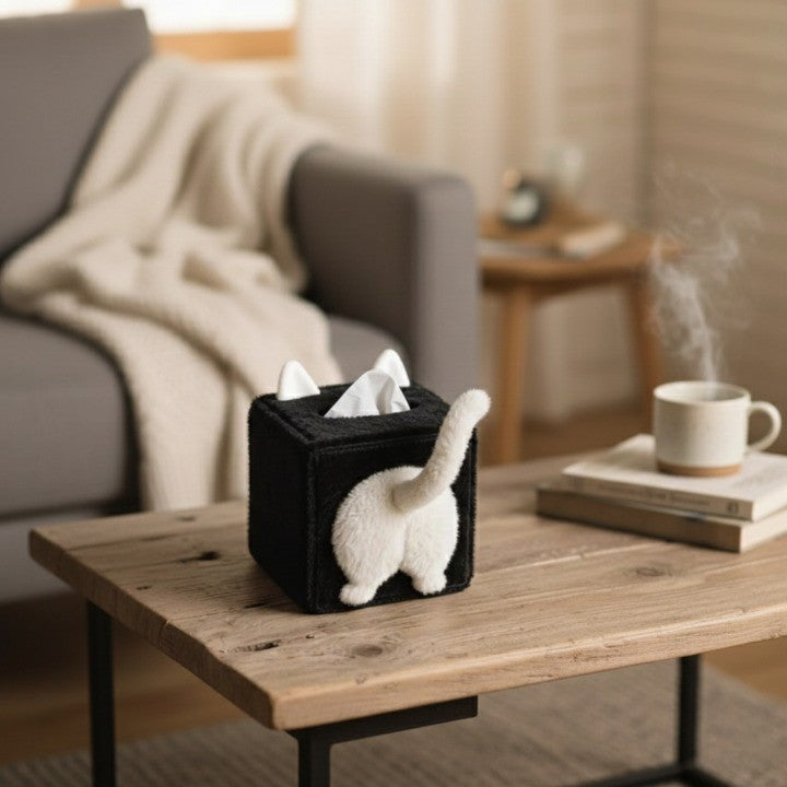 The Cat Butt Tissue Box shown on a clean white background, highlighting its plush texture.