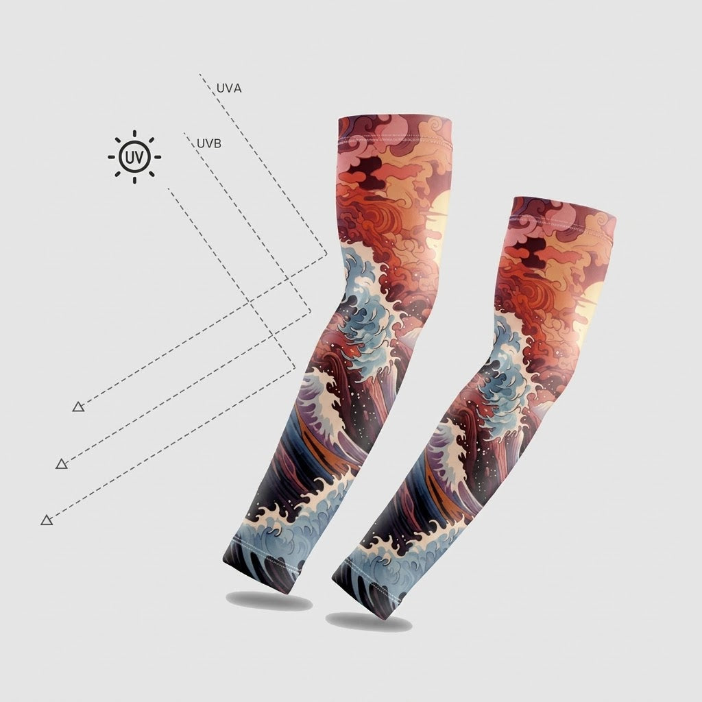 Woman running outdoors wearing protective cooling arm sleeves