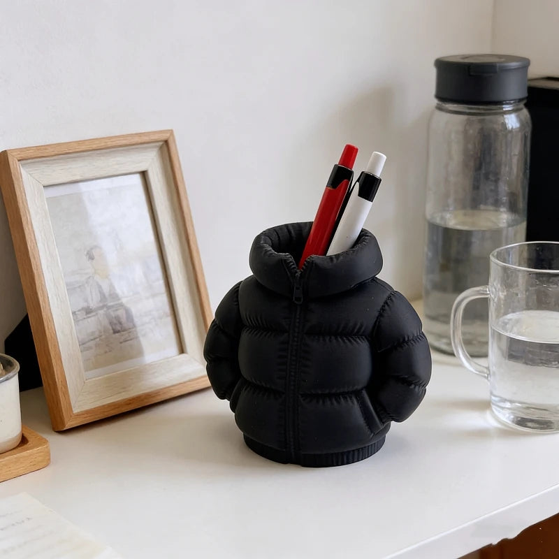 Close-up of the stylish blue Mini Puffer Jacket Pen Holder