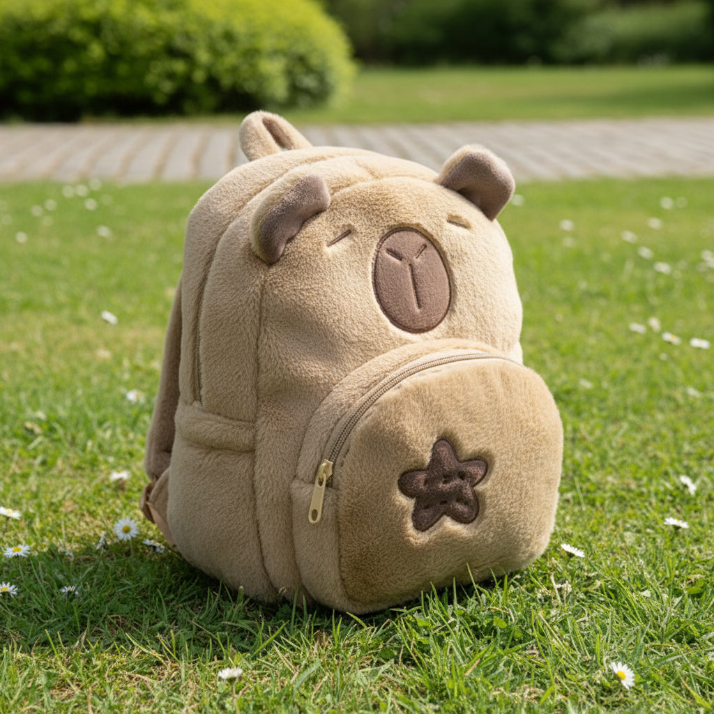 Close-up of the plush capybara backpack material