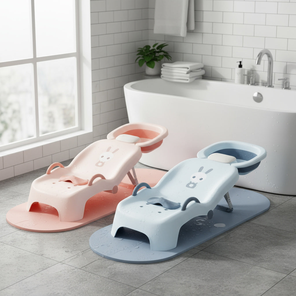 A parent safely bathing their baby in the support chair