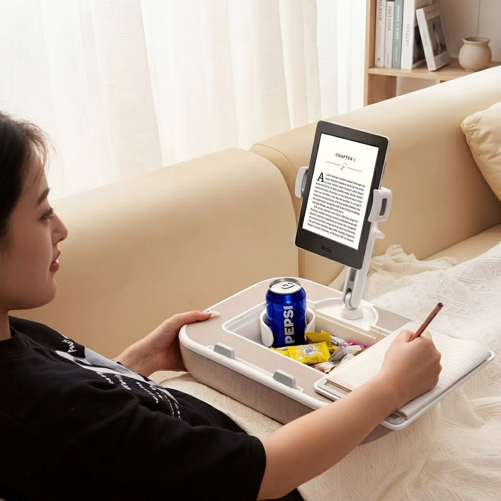 Close-up of the rotating tablet and phone holder on the pillow desk