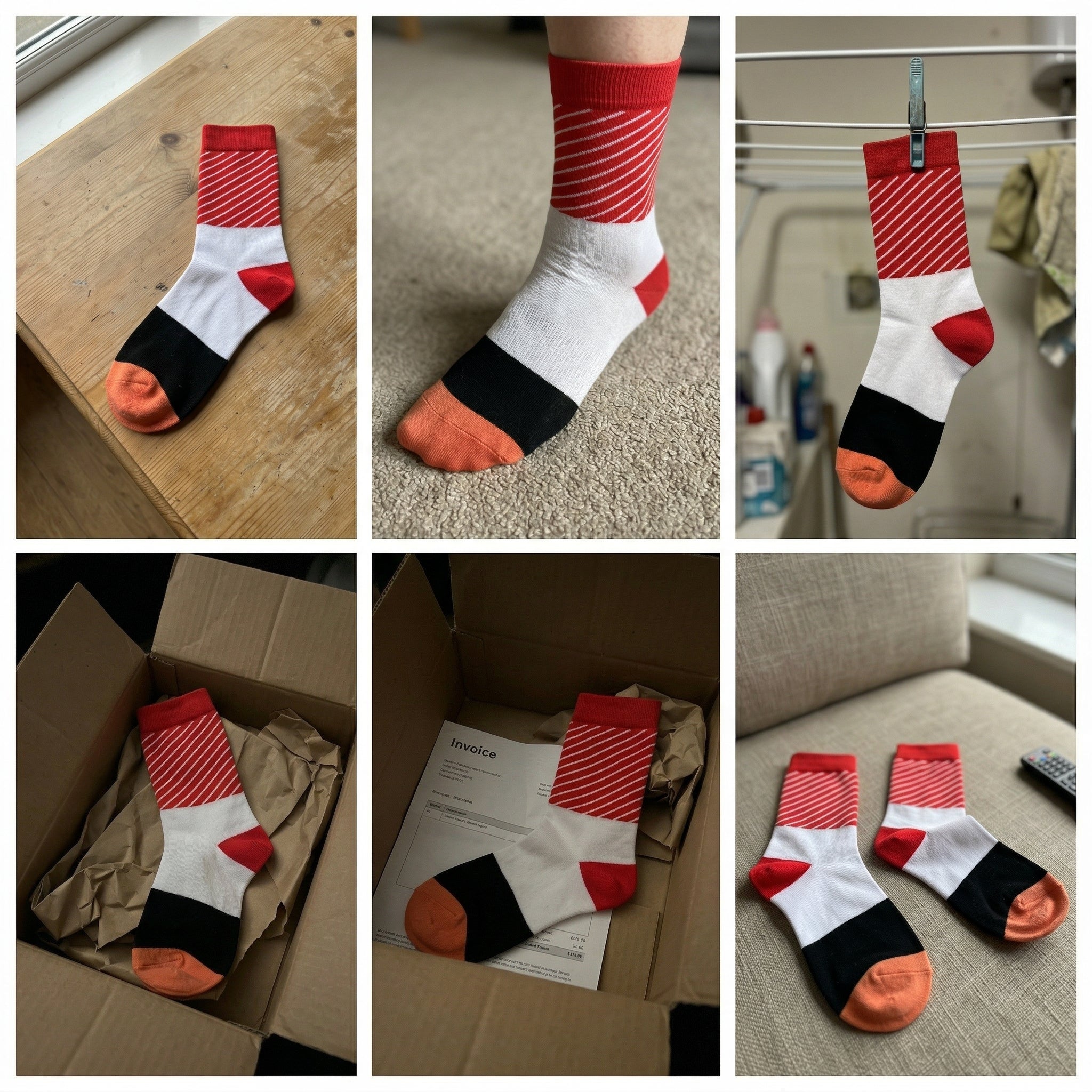 A single pair of sushi socks unrolled to show the full colorful design