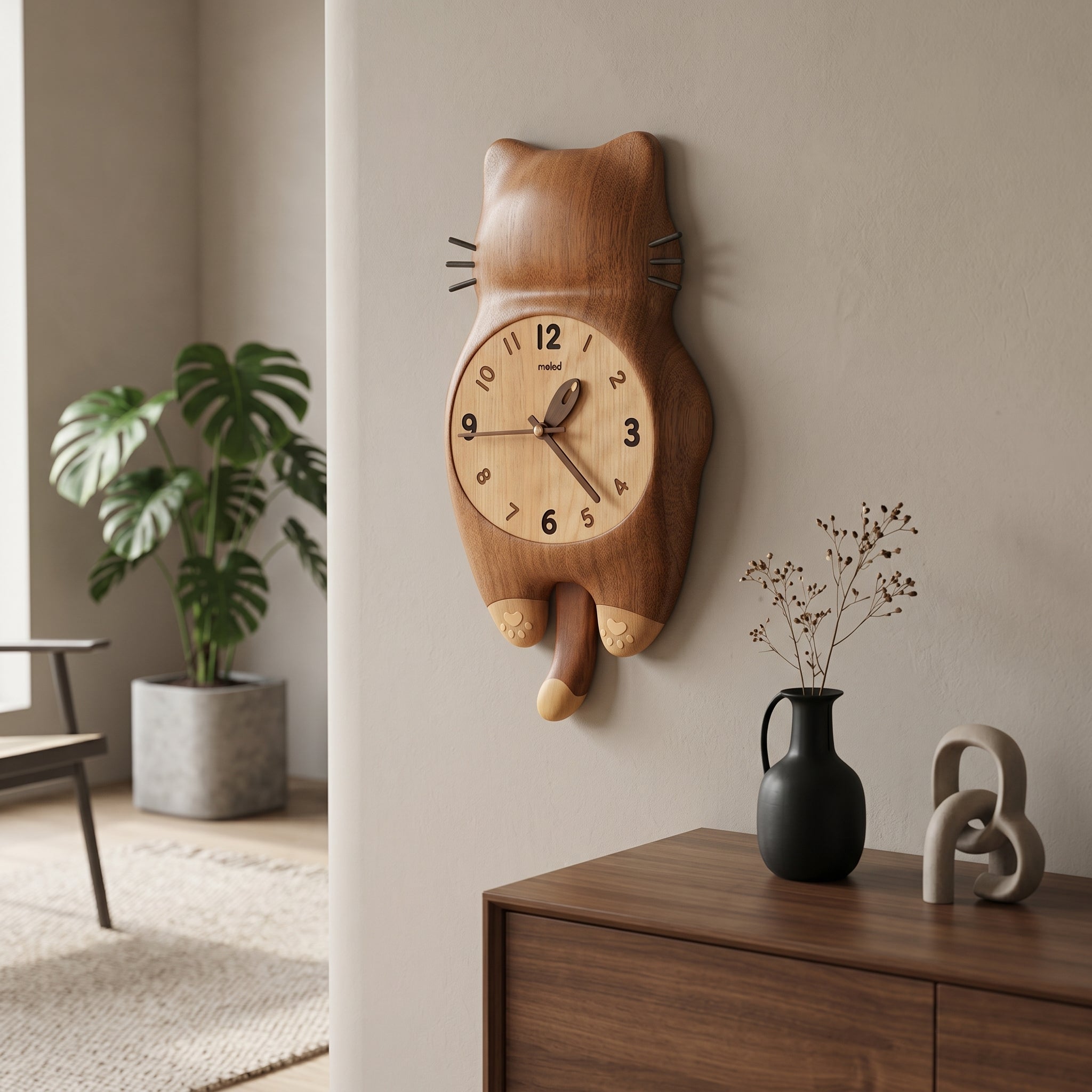 Lifestyle view of the Tail Wagging Cat Shaped Wooden Wall Clock in a modern home