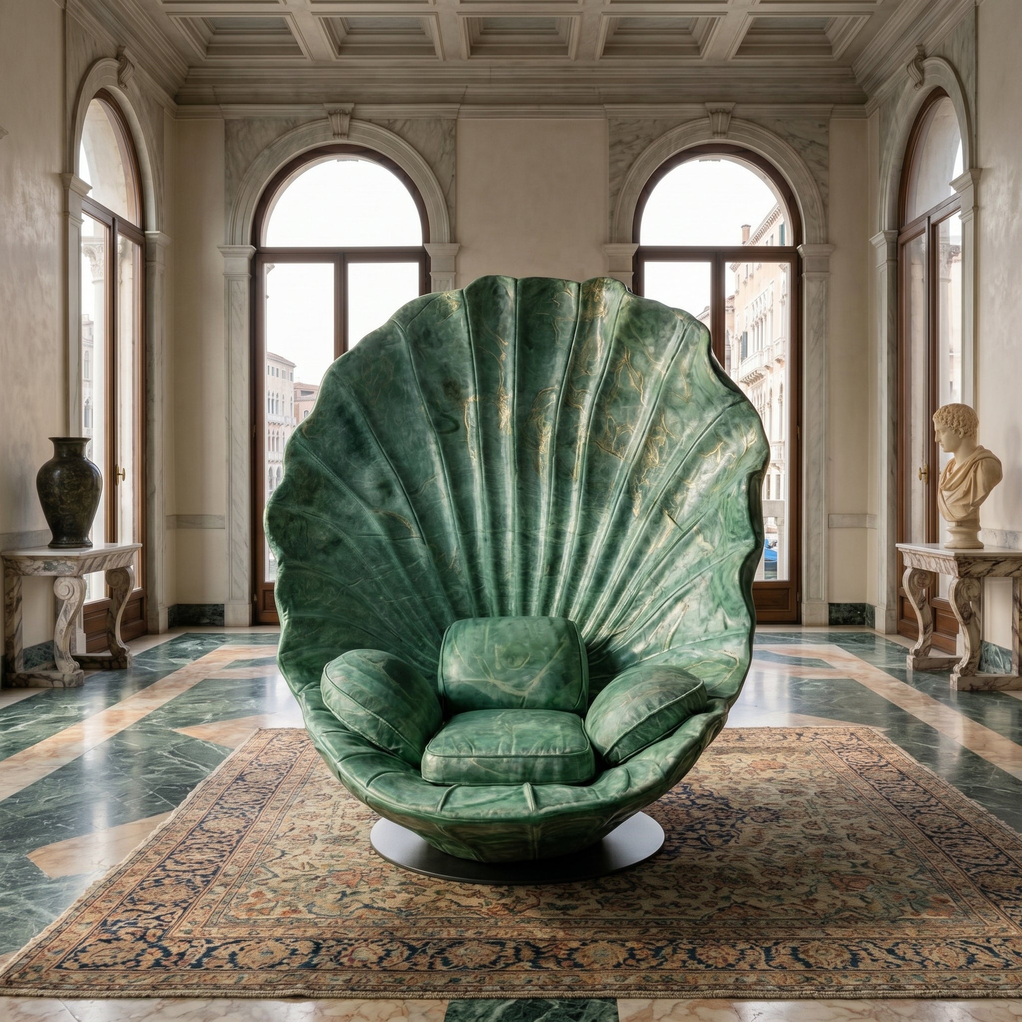 A view of the chair's grand silhouette from the side