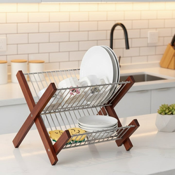 Close-up of the stainless steel and wood construction of the dish rack