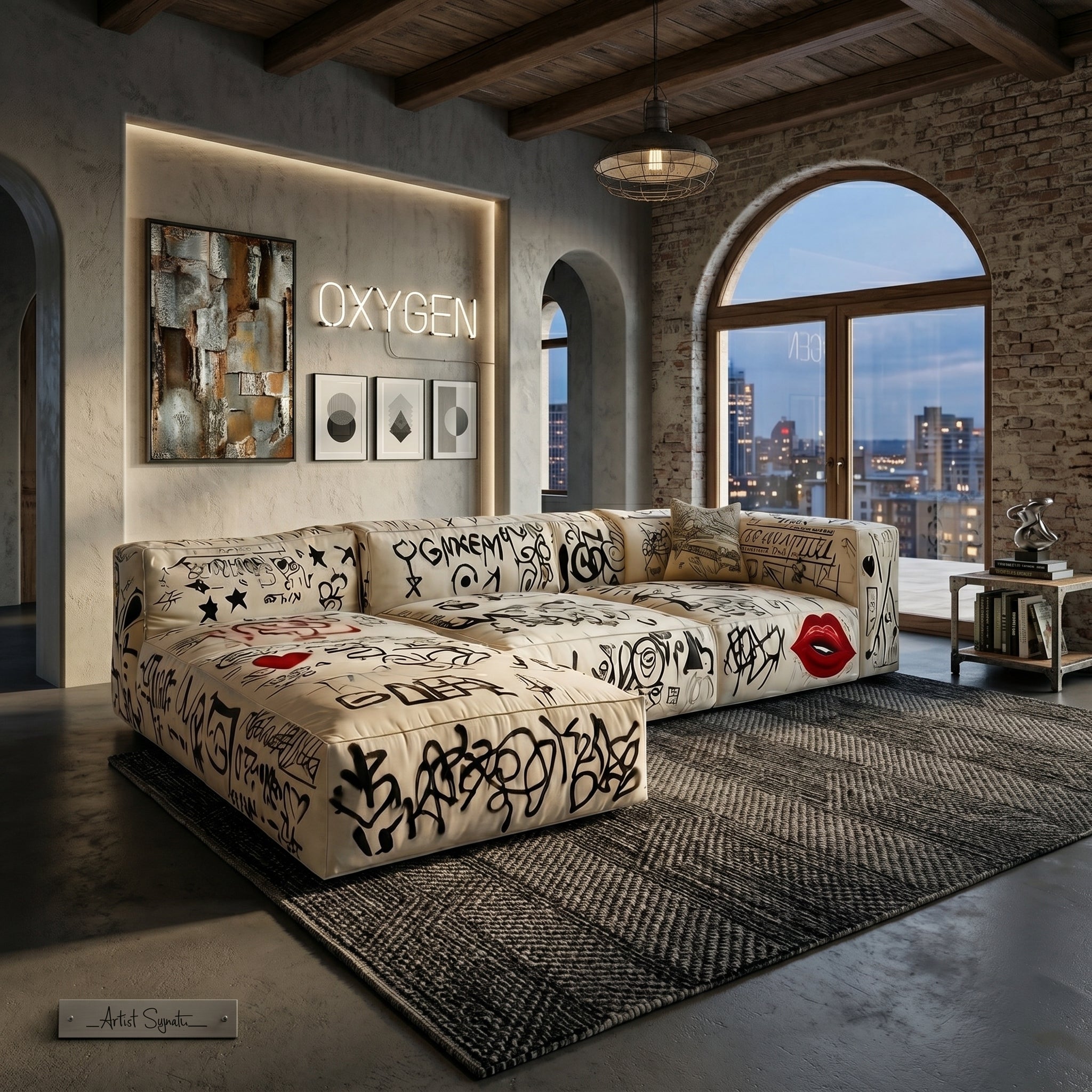 Graffiti sofa as a centerpiece in a creative studio apartment