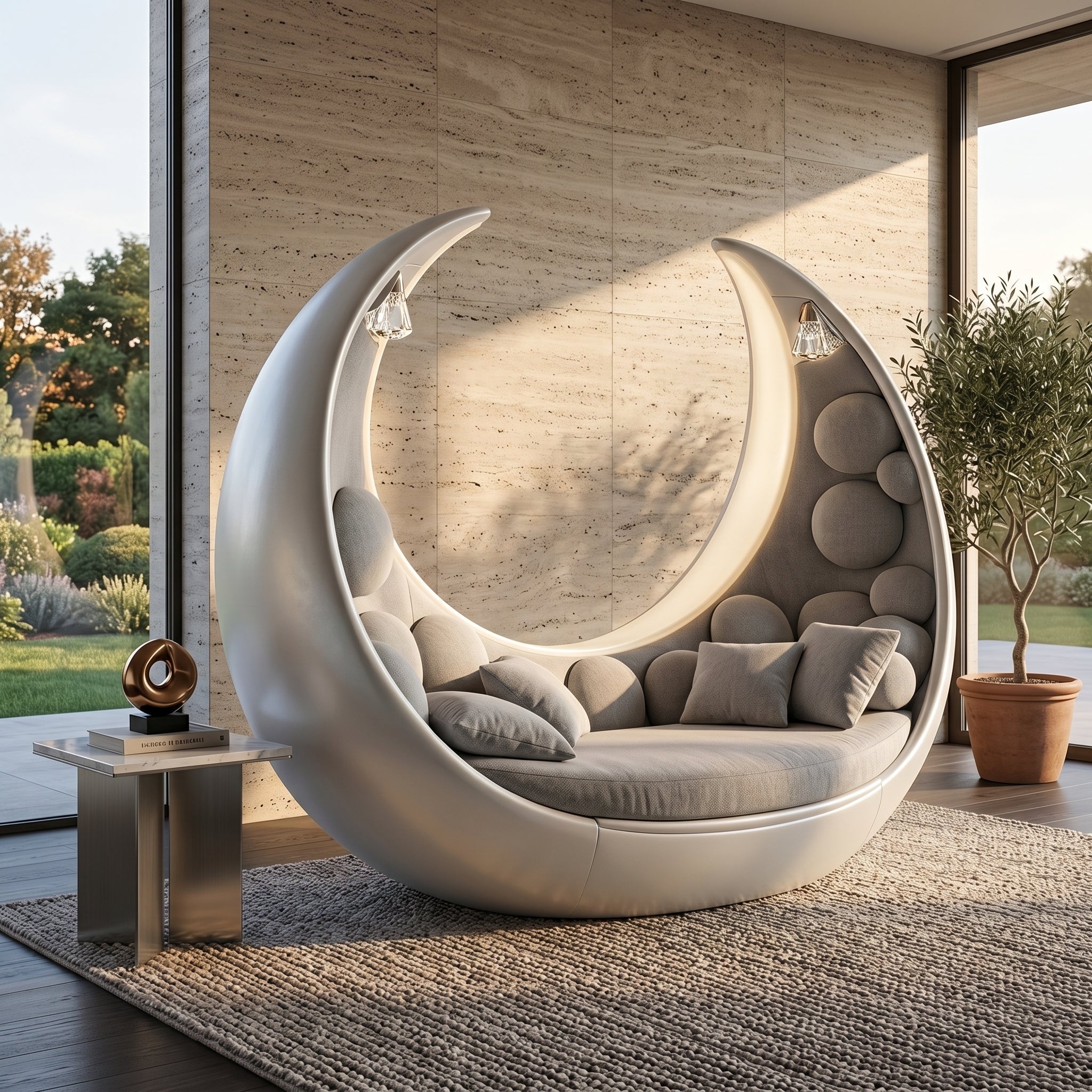 Side profile view of the Moon Cradle lounge showing its unique crescent shape