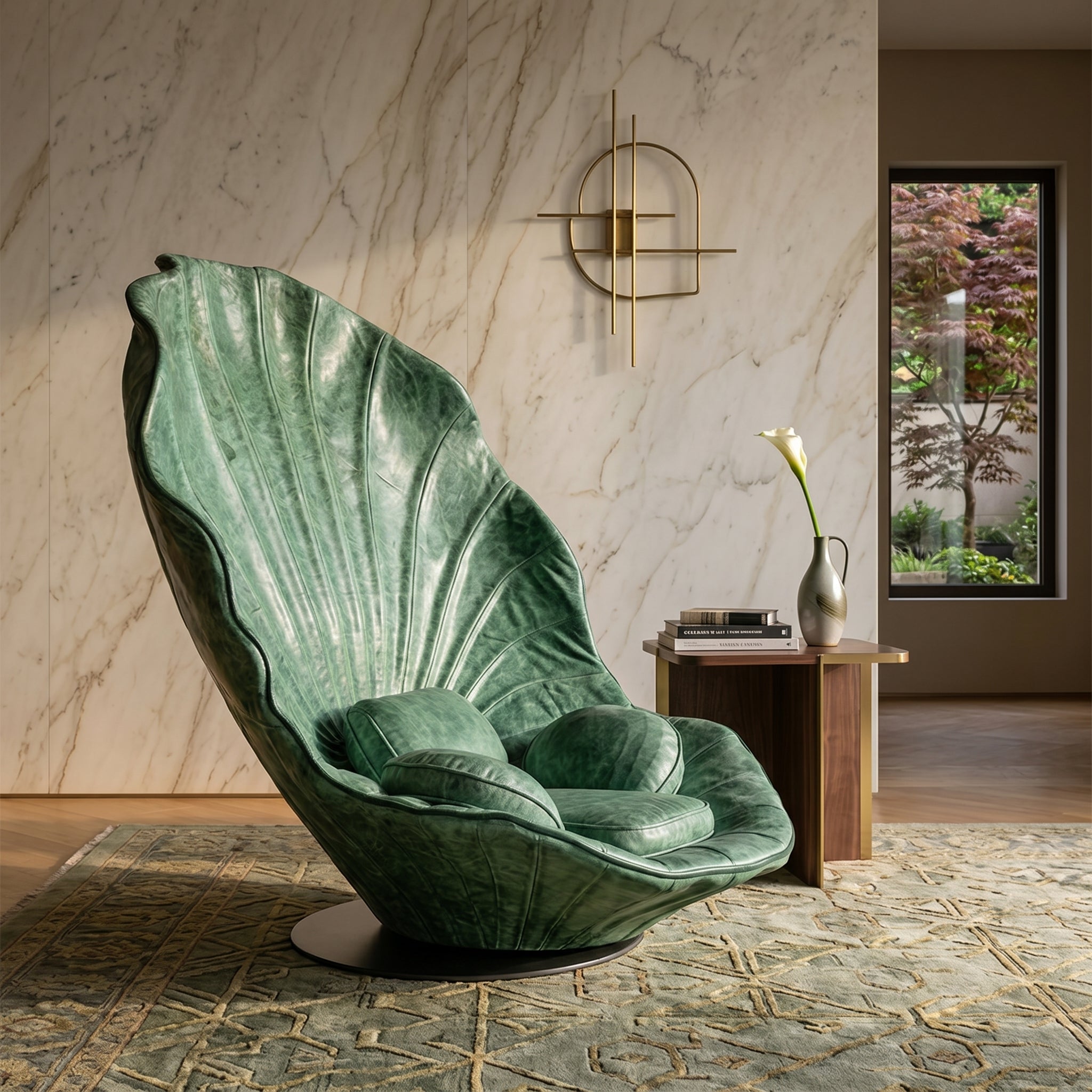 Stunning sea shell inspired velvet lounge chair in a modern living room