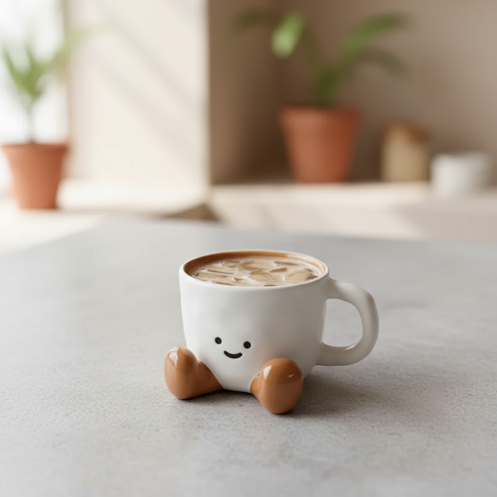Happy Cute Face Ceramic Mug on a desk as a lifestyle present