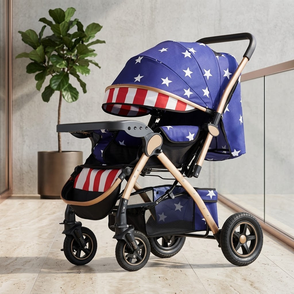 A stylish Loftcart elevated baby stroller shown outdoors