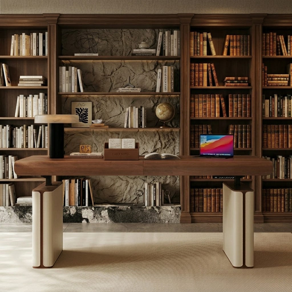 The Healthy Hour Standing Desk shown at sitting height in a stylish room.