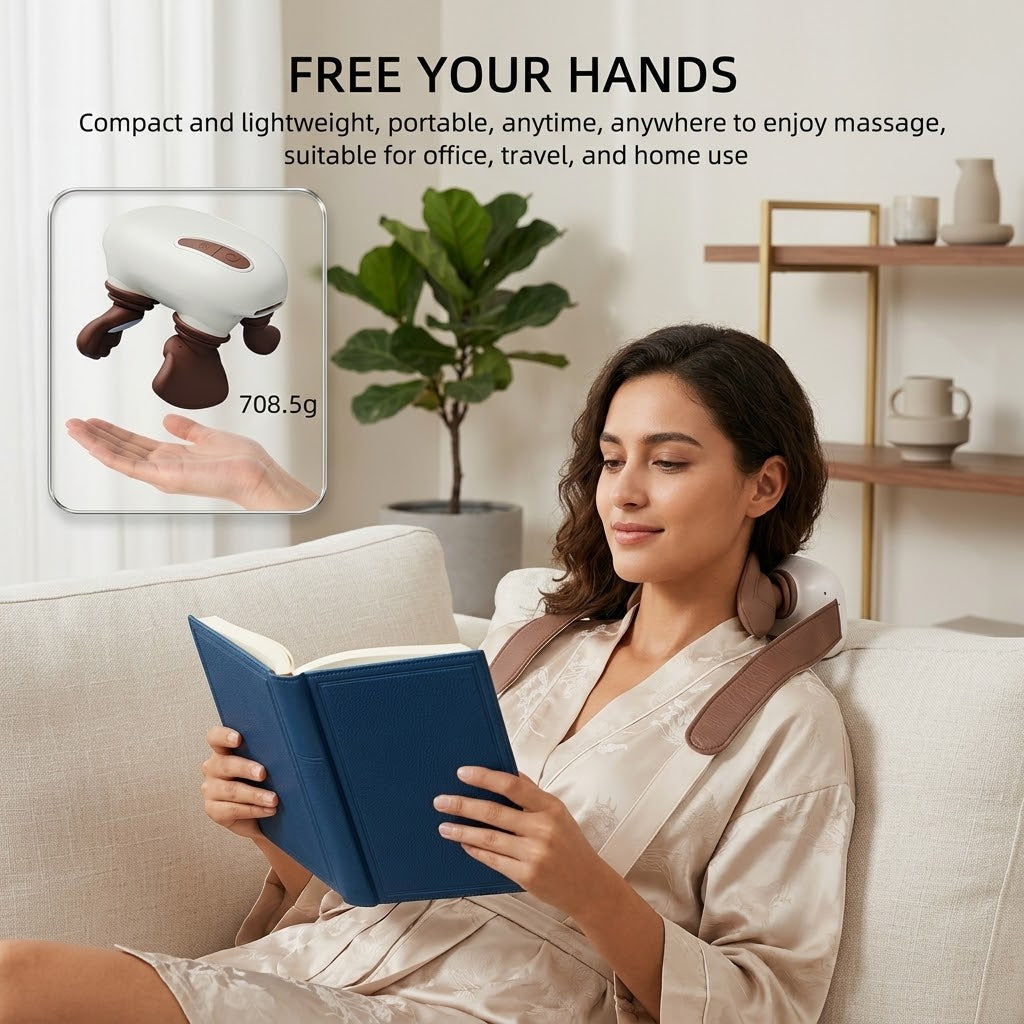 Person using the neck shoulder massager while working at a desk