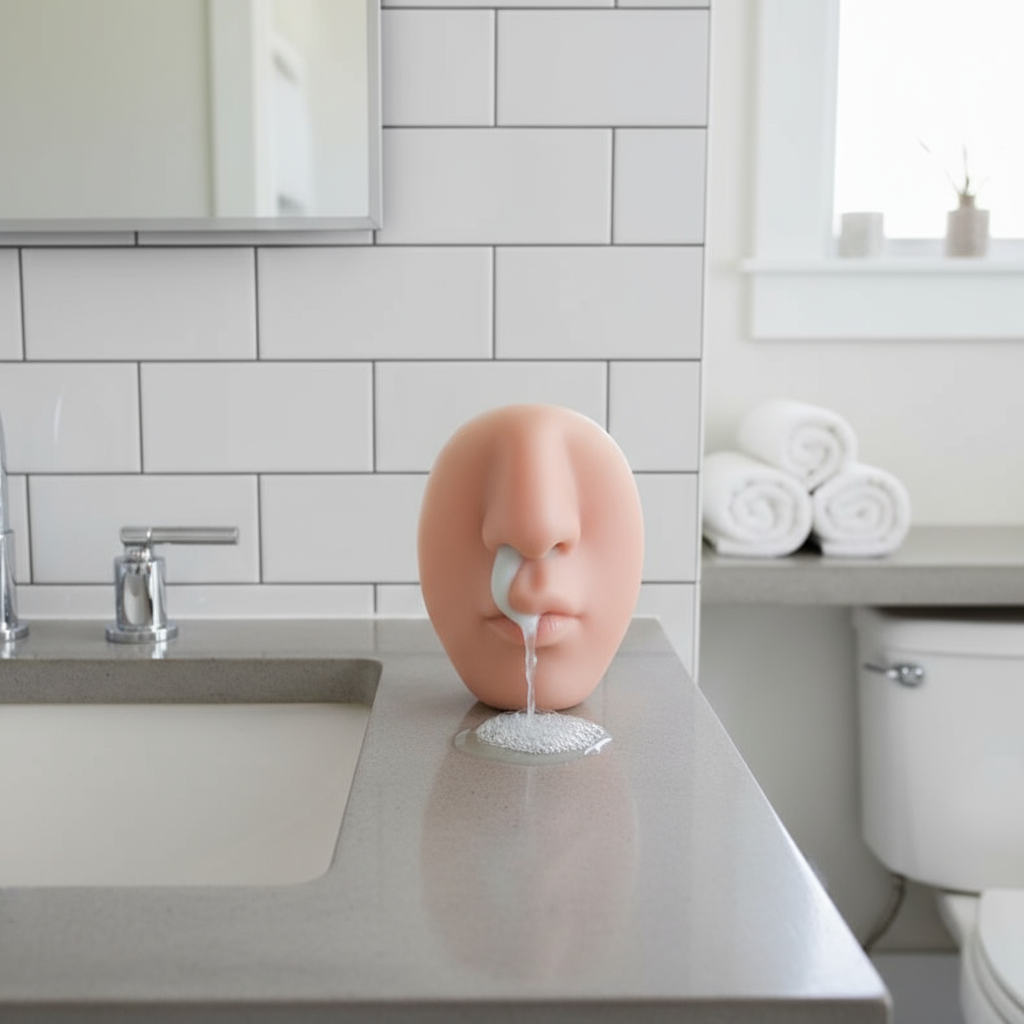 Lifestyle shot of the nose-shaped dispenser in a modern bathroom
