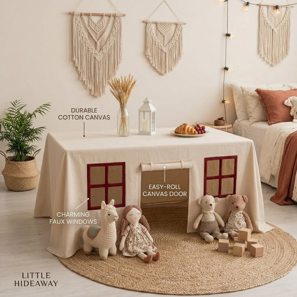 Child playing inside the cozy table tent playhouse