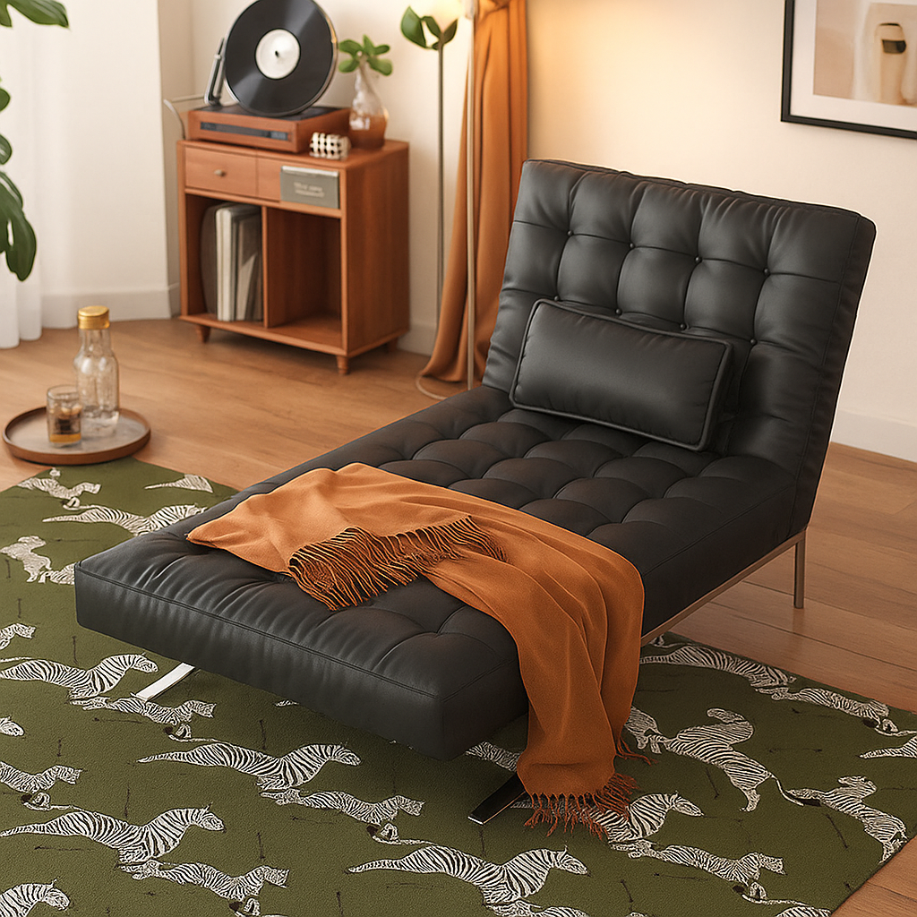 Detailed view of the convertible sofa's high-quality PU leather and chrome legs