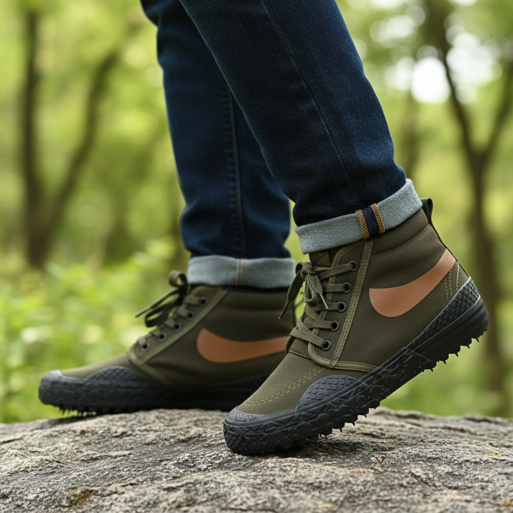 Detailed view of the waterproof canvas material on the Explorer trekking shoes