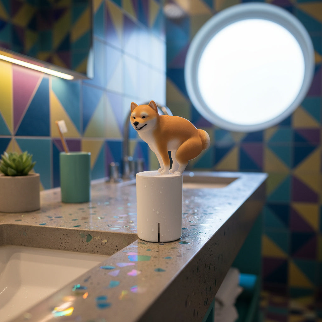 Close-up of the foam soap dispensed by the creative puppy gadget