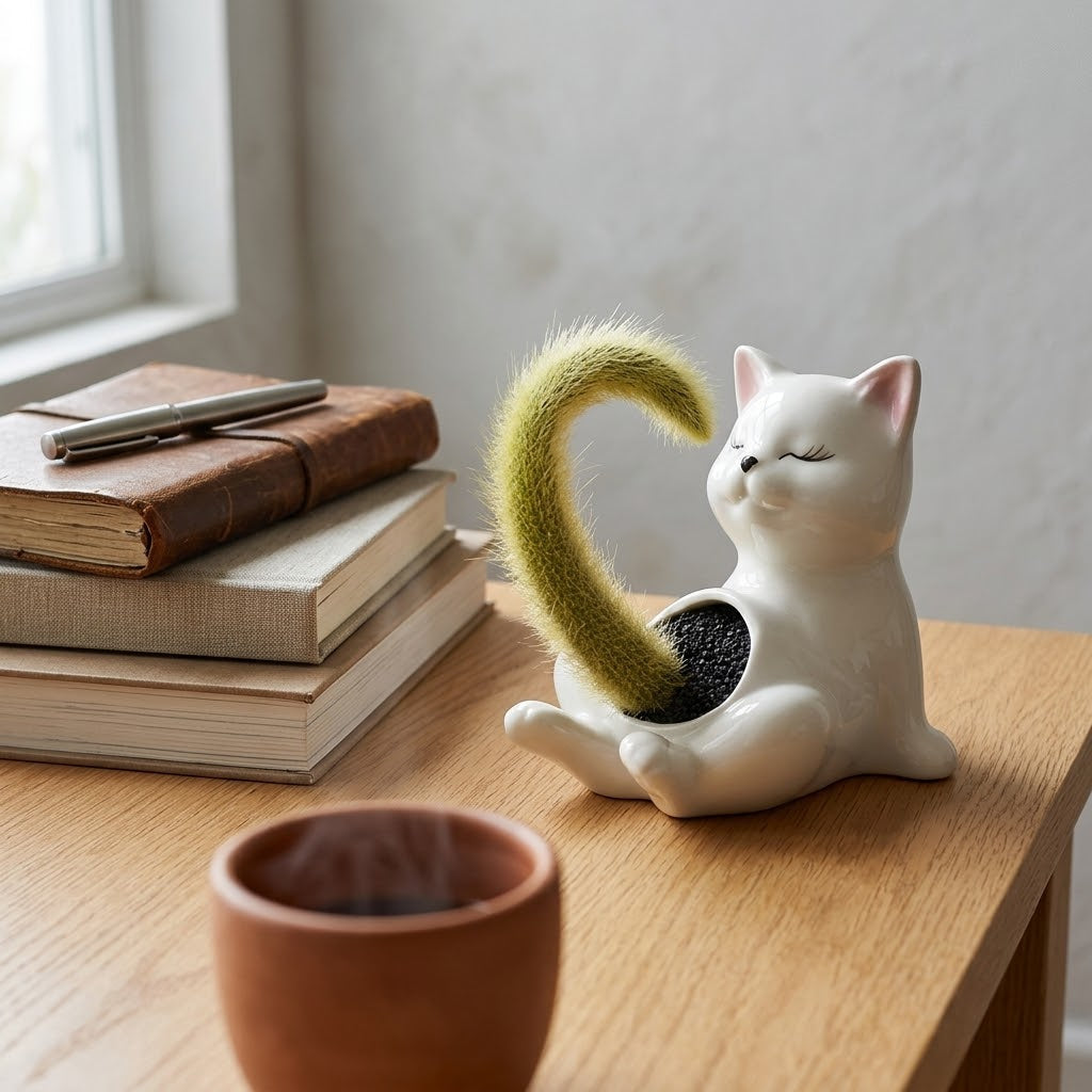 Detailed view of the glossy ceramic finish on the cat planter