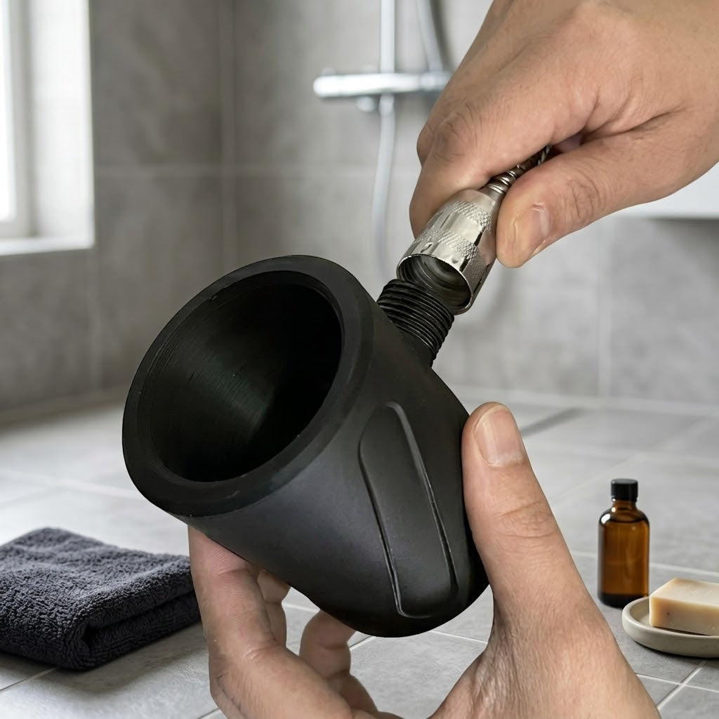 JetScrub shower head with unique 360-degree spiral spray pattern
