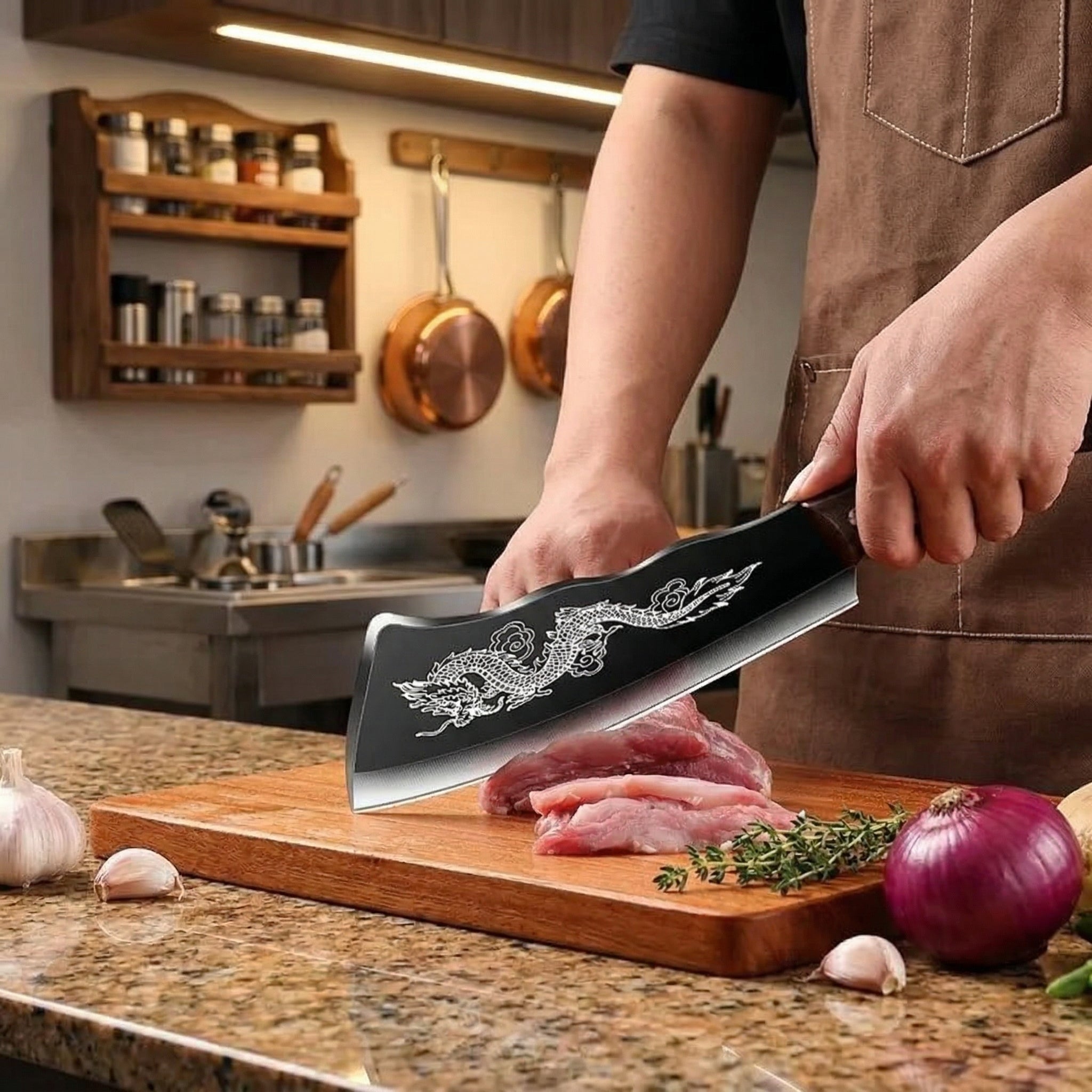 Using the sharp engraved knife to slice vegetables on a cutting board