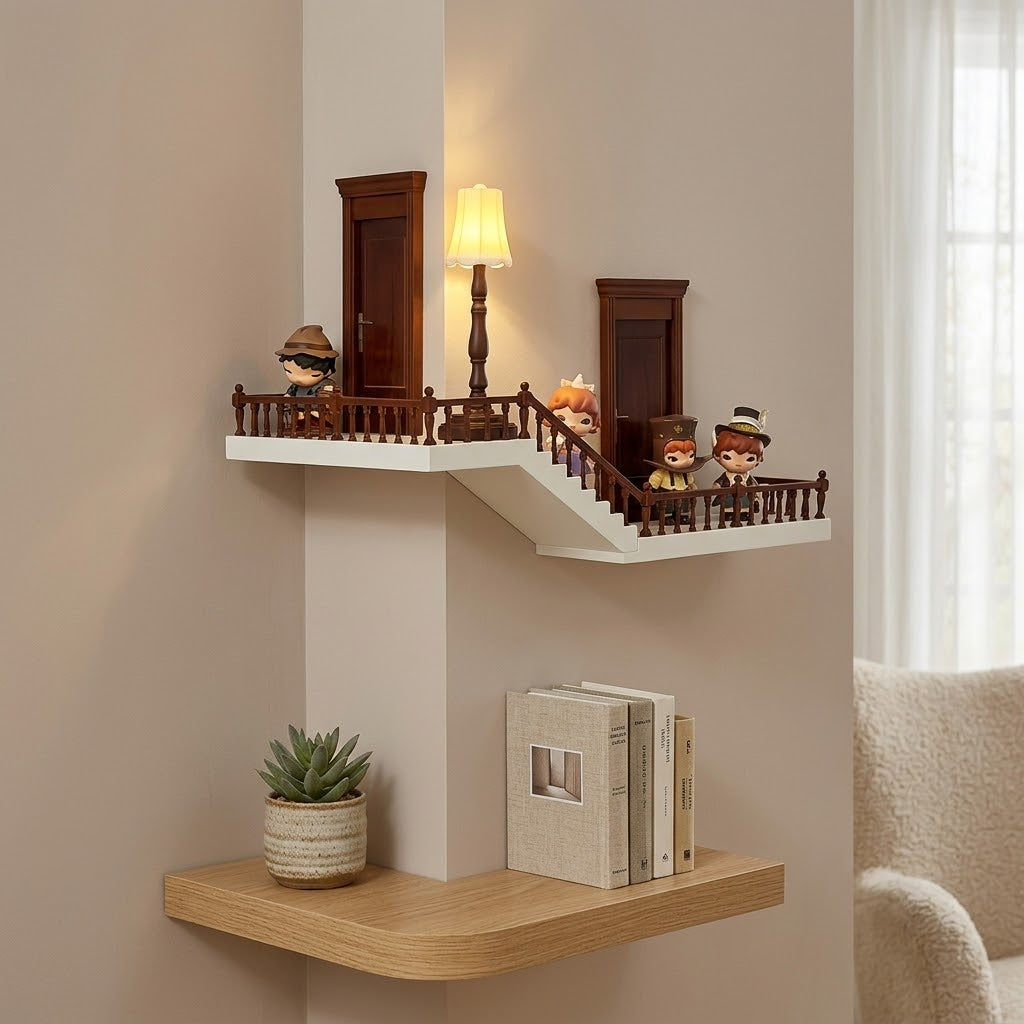 Miniature corner shelf displaying small collectible figures