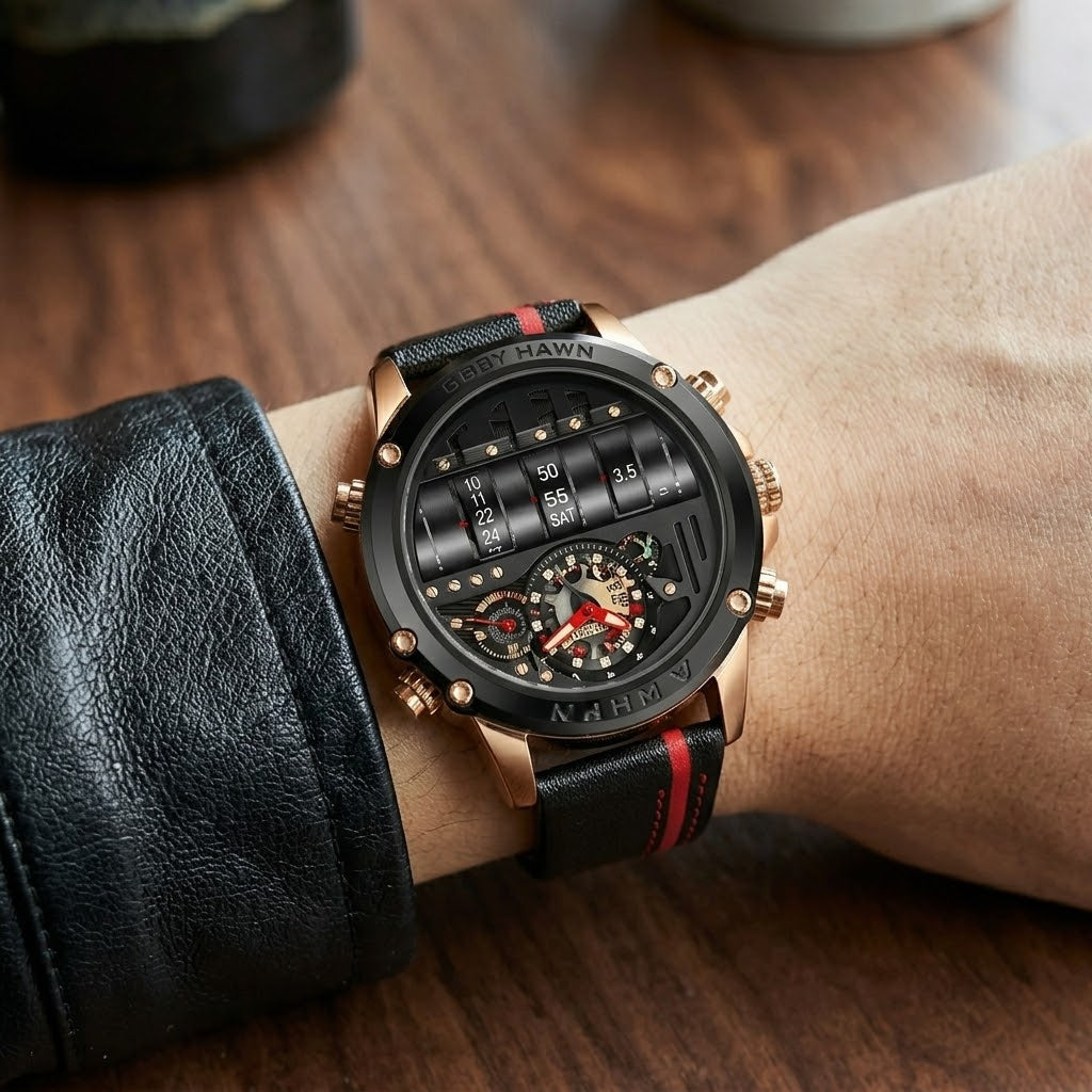 The unique rotating calendar display in action on the watch