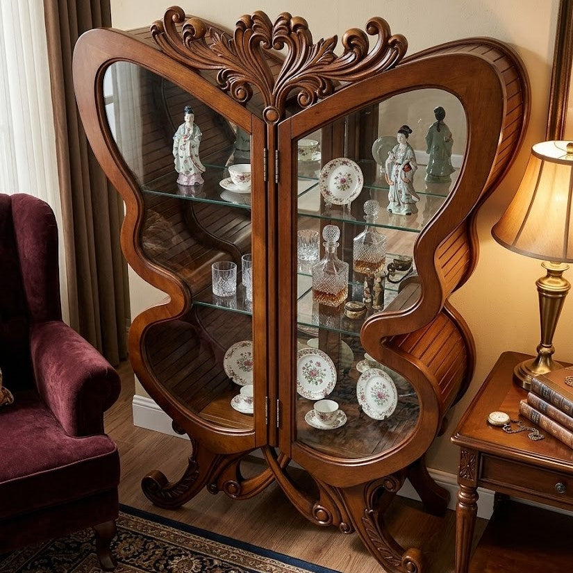 Showcasing wine bottles and glasses inside the decorative cabinet