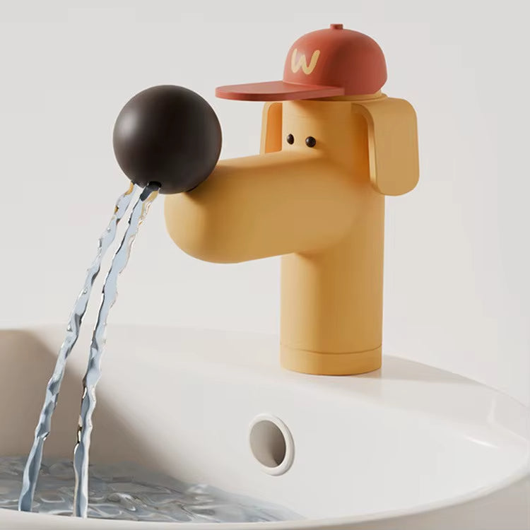 The Dog Splash Water Extension Rotatable Faucet attached to a bathroom sink.
