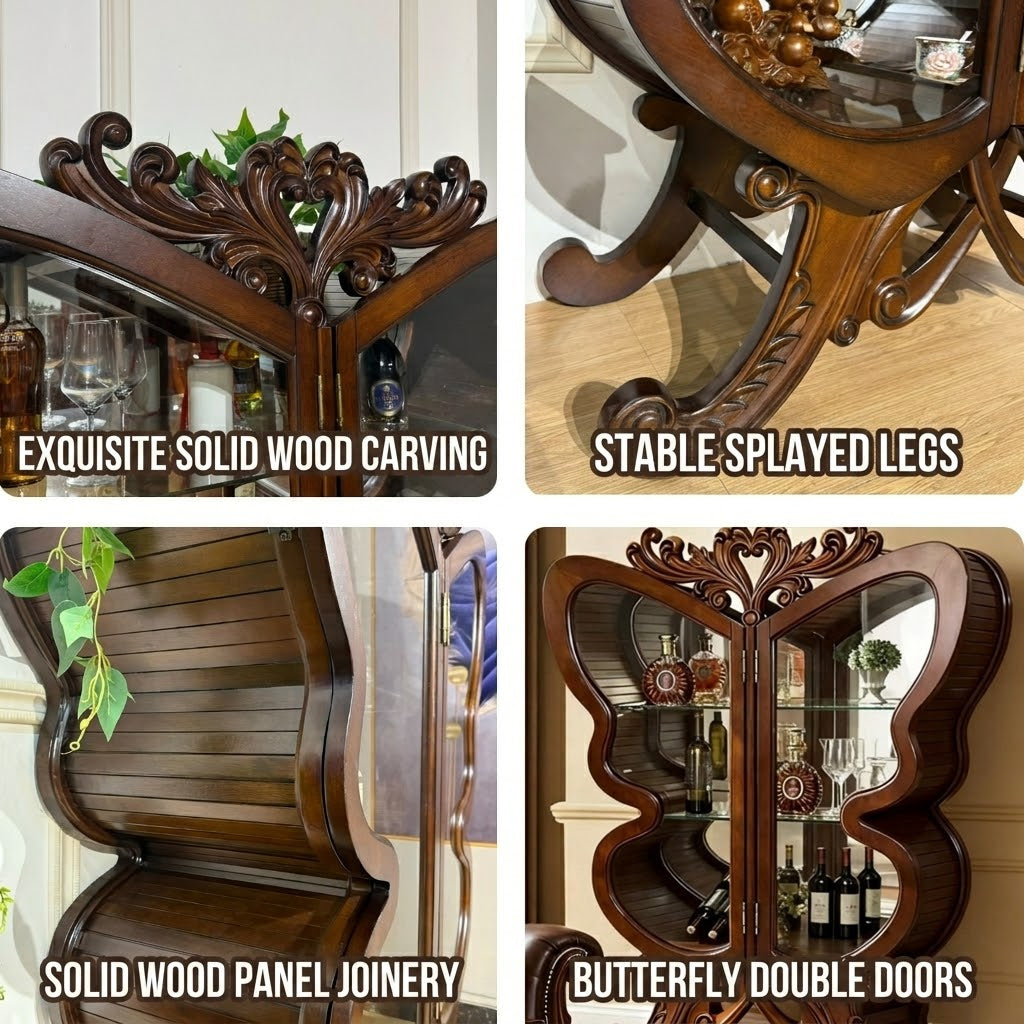 Detailed view of the Butterfly Wing Wooden Wine Cabinet's craftsmanship