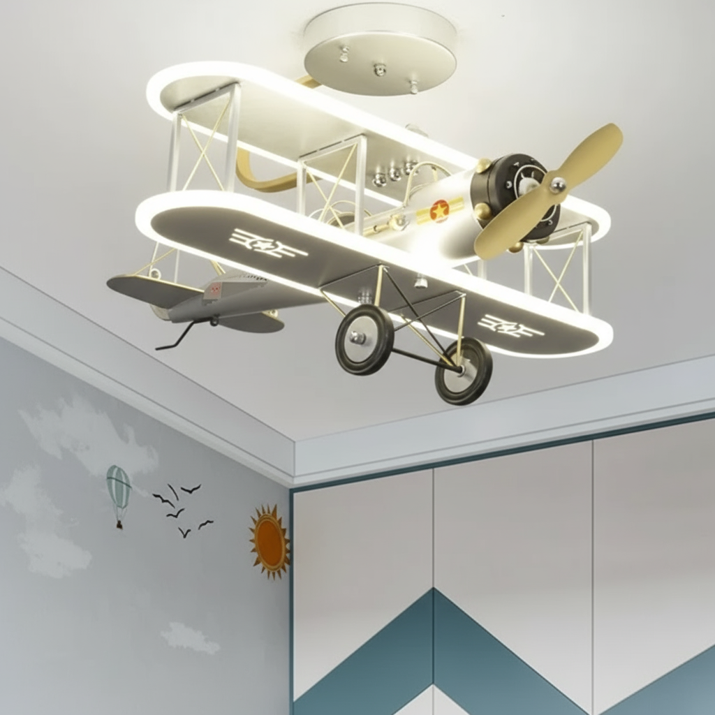 Vintage airplane ceiling lamp hanging in a child's bedroom